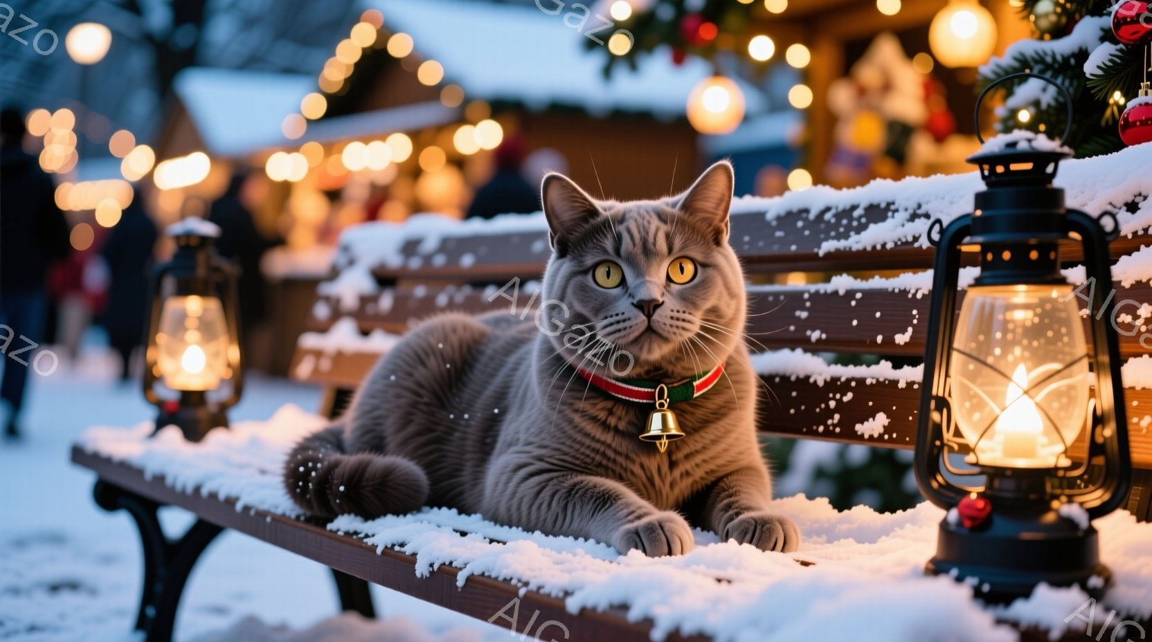 灰色の猫が雪に覆われたベンチにゆったりと横たわっています。首輪には小さなベルが付いており、澄んだ黄色い瞳がこちらを見つめています。背景にはクリスマスマーケットのような賑わいがあり、温かい光が灯ったランタンや装飾が雪景色の中に浮かび上がり、冬の穏やかな雰囲気を醸し出しています。