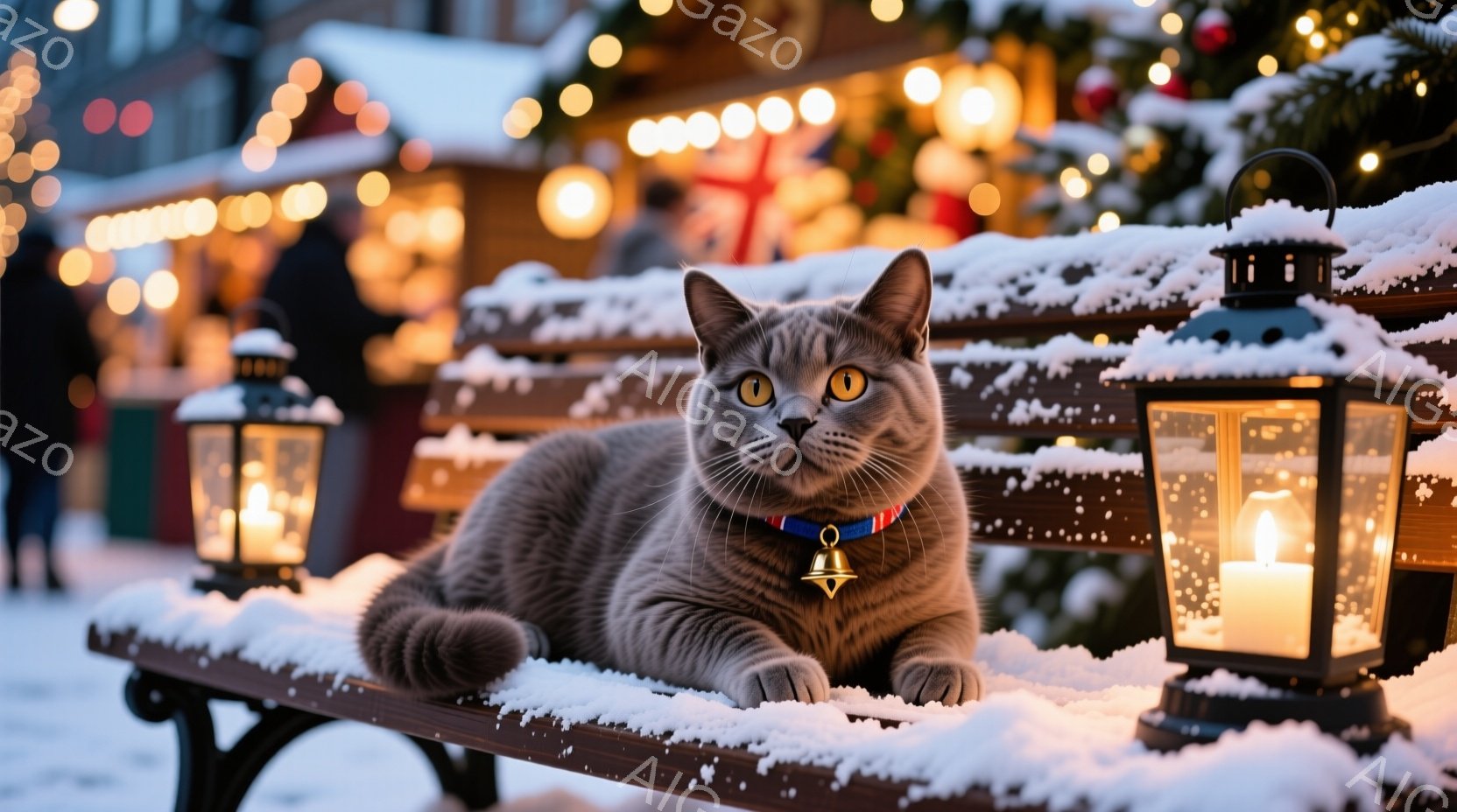 灰色の猫が雪の積もったベンチに座って正面を見ています。首輪には青、赤、白のストライプがあり、小さなベルがついています。背景にはクリスマスの飾り付けがされた建物や、点灯されたランタンが見え、雪が降る冬の - AI生成フリー素材