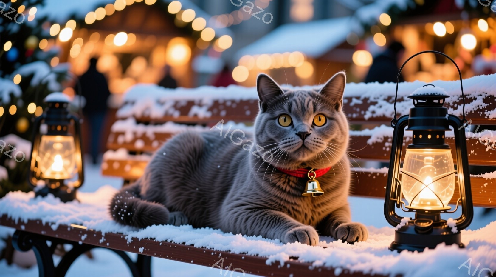 灰色の毛並みの猫が、雪の積もったベンチにゆったりと横たわっています。赤い首輪に小さな鈴が付いており、穏やかな表情で正面を見ています。背景には、点灯されたランタンやぼんやりと見える建物、そして雪が降る冬 - AI生成フリー素材
