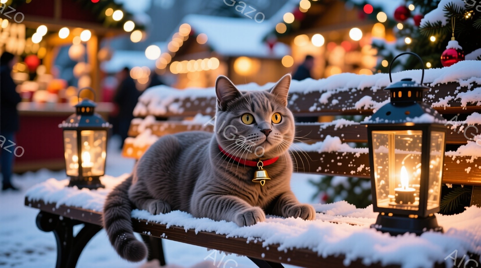 灰色の猫が雪で覆われたベンチに横たわっており、赤い首輪をつけている。背景には、ぼやけたクリスマスマーケットの光景が見え、雪が降っている様子が伺える。全体的に温かく、冬の穏やかな雰囲気を醸し出している。