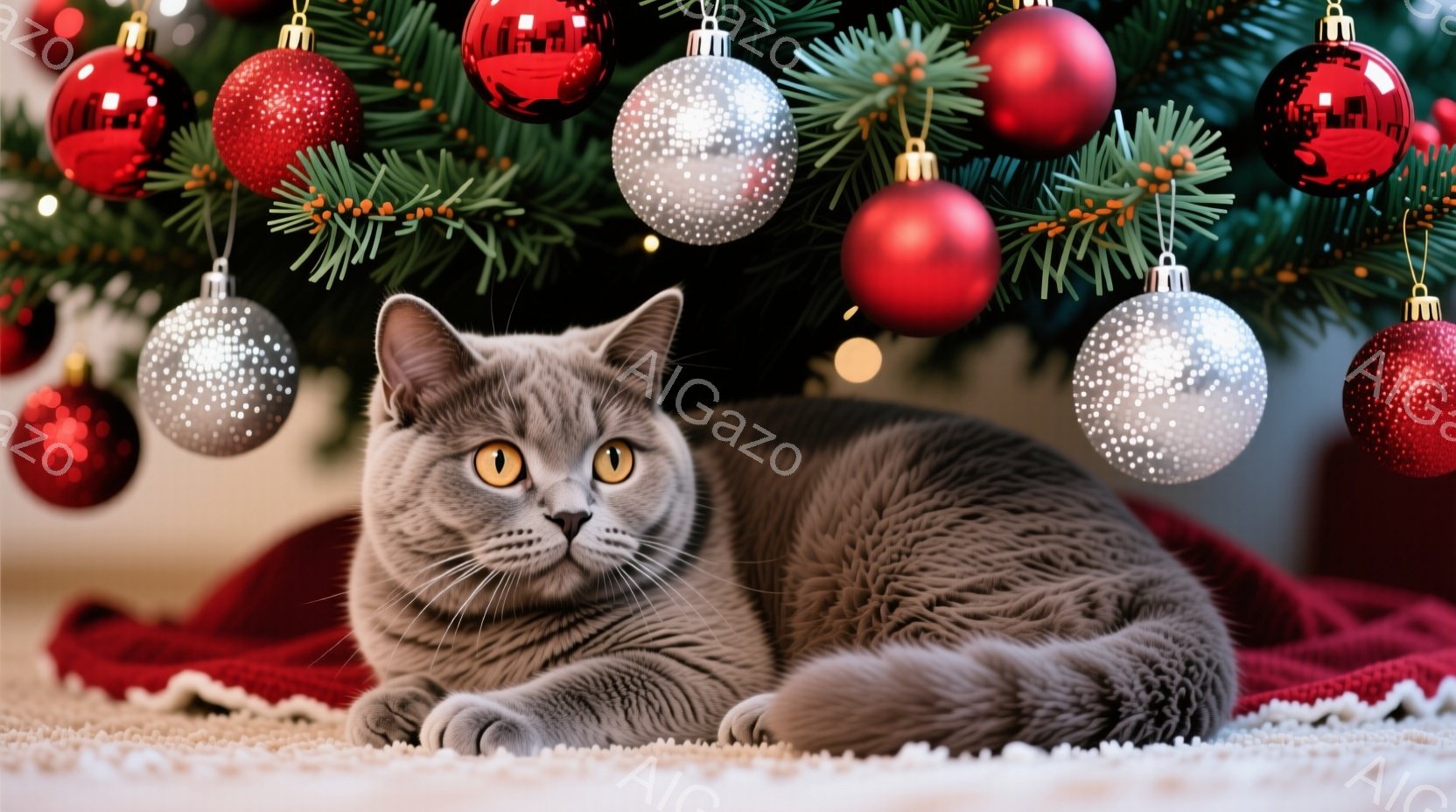 灰色の毛並みの猫が赤い毛布の上で横たわっています。背景にはクリスマスツリーが飾られており、赤いオーナメントと銀色のオーナメントが輝いています。猫はリラックスした様子で、穏やかな表情でカメラを見つめてお - AI生成フリー素材