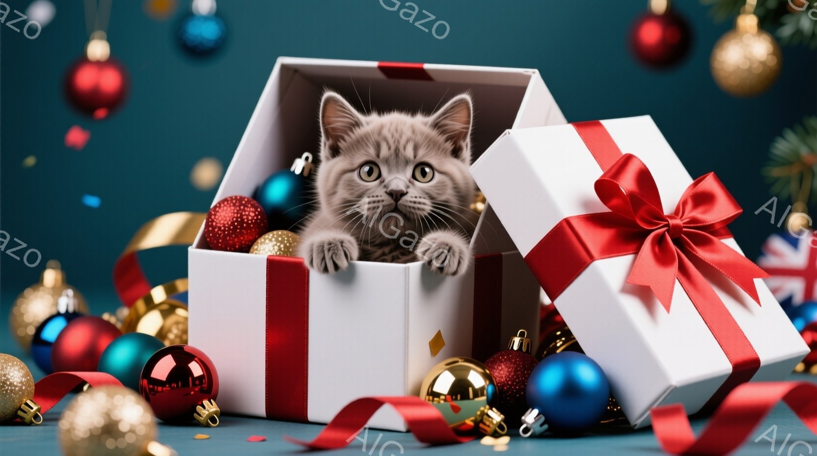 白いギフトボックスから可愛らしい灰色のキティが顔を出しています。キティは興味津々とした表情で、前足を箱の縁にかけています。背景には様々な色のクリスマスオーナメントが散りばめられ、暖かくお祝いムードを演 - AI生成フリー素材