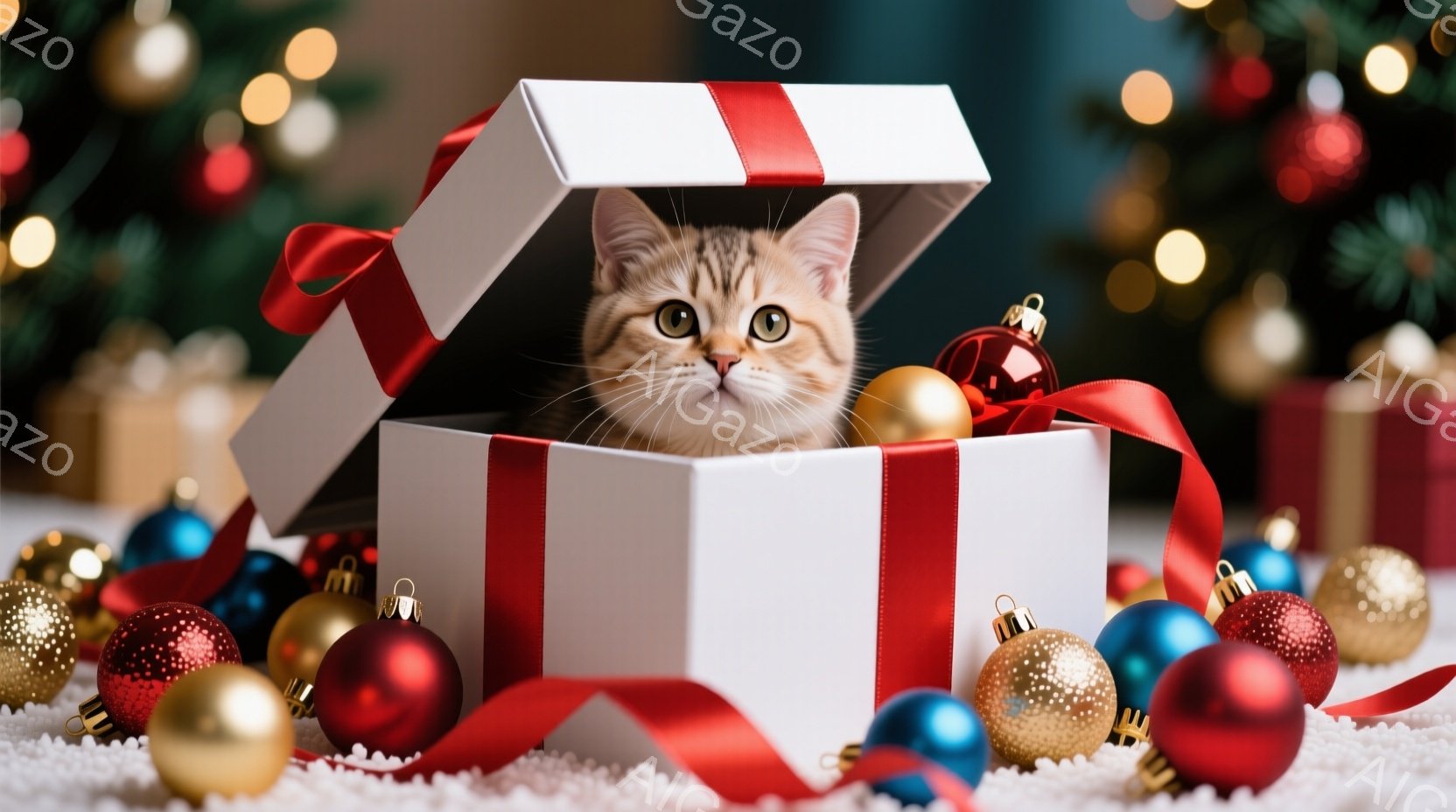 小さな子猫が白いギフトボックスの中から顔を出しています。赤いリボンが箱を飾り、周囲には赤、青、金のクリスマスオーナメントが散りばめられています。背景はぼやけたクリスマスツリーの光で、全体的に暖かく、お - AI生成フリー素材