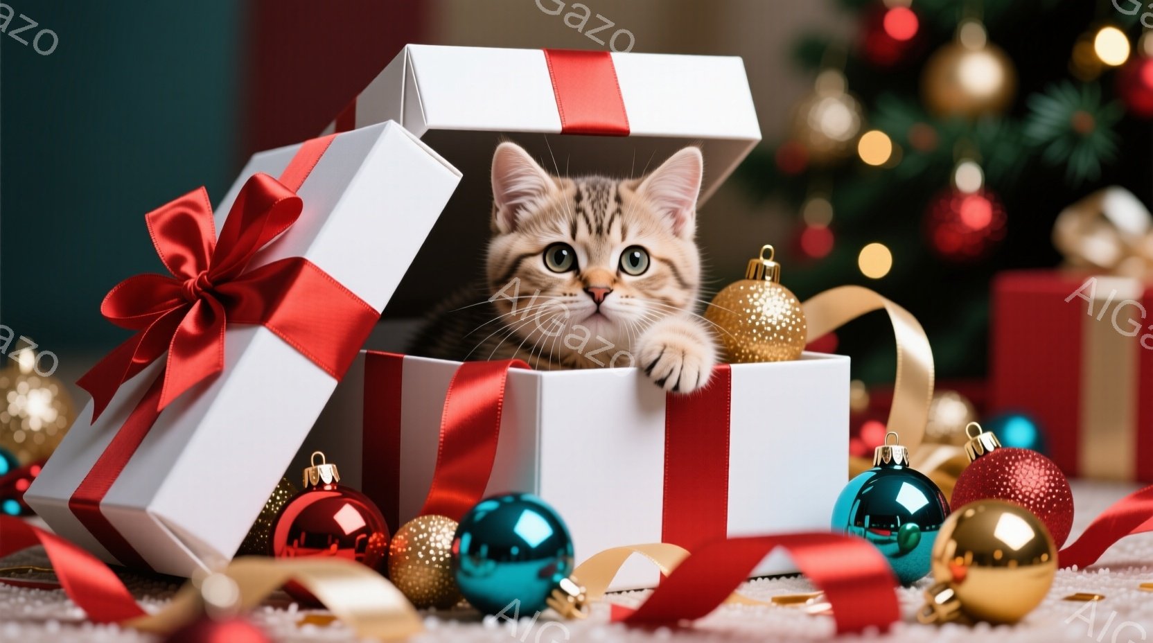 白いギフトボックスの中から、縞模様の小さな子猫が顔と前足を覗かせています。周りには赤、青、金色のクリスマスオーナメントが散らばり、背景にはぼやけたクリスマスツリーが見えます。全体的に、暖かく、遊び心のある、お祝いの雰囲気が漂っています。