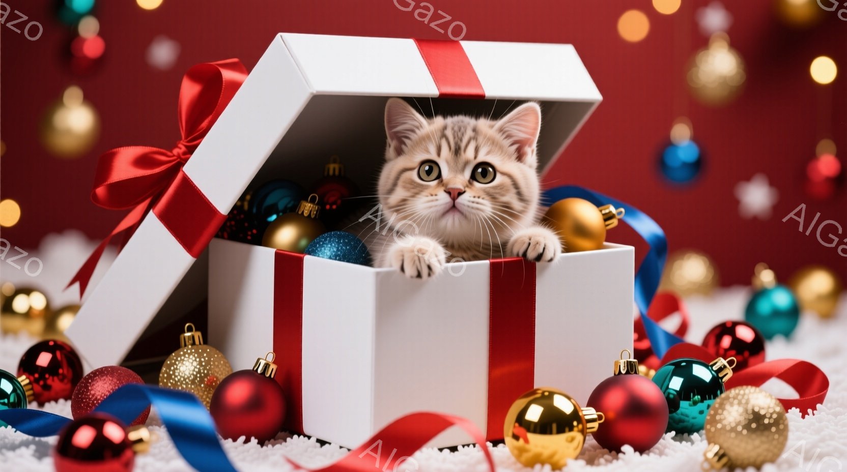 白いギフトボックスの中から、縞模様の小さな子猫が顔を出しています。子猫は好奇心旺盛な表情で、前足を箱の縁につけてこちらを見ています。背景には、赤、金、青のクリスマスオーナメントが散りばめられ、白いふわ - AI生成フリー素材