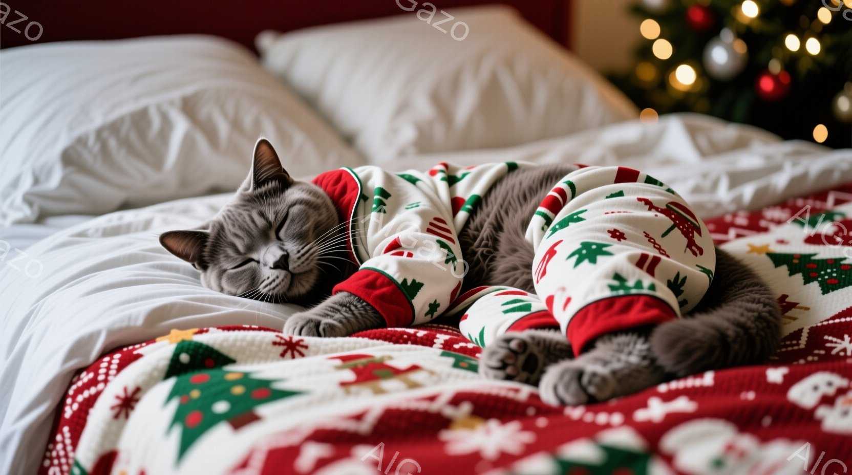 灰色の小さな子猫が赤いテーブルクロスの上に立っており、片方の前足で緑と白のキャンディケーンを掴んでいます。背景には、ぼやけたクリスマスツリーと食事が並んだ皿が見え、暖かくお祝いの雰囲気です。子猫は好奇 - AI生成フリー素材