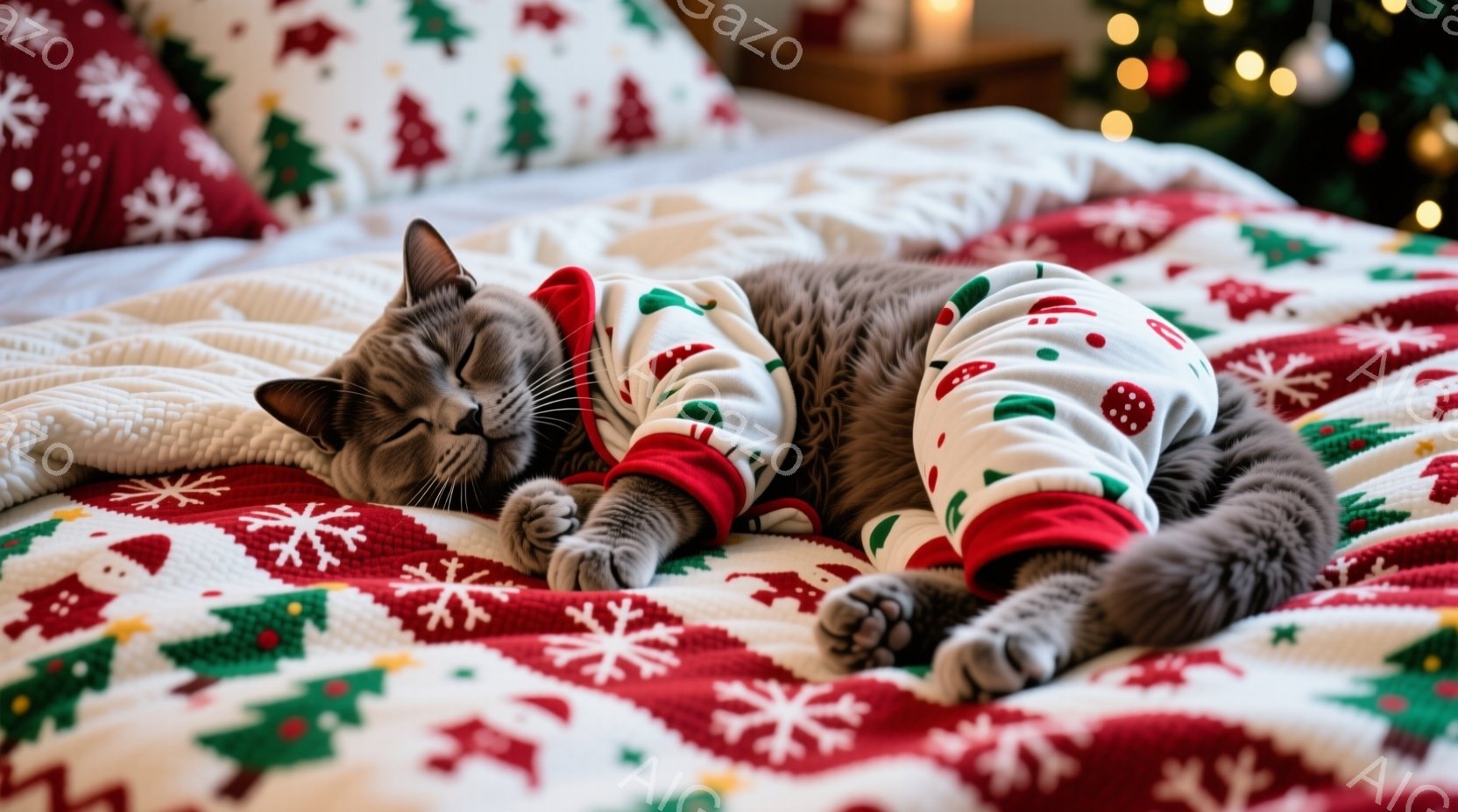 灰色の猫が、赤い縁取りのクリスマスの柄が入った白い服を着て仰向けに寝ています。猫は目を閉じ、リラックスした表情で、足は伸ばして横に広がっています。背景には、クリスマスツリーのぼんやりとした光と、クリス - AI生成フリー素材