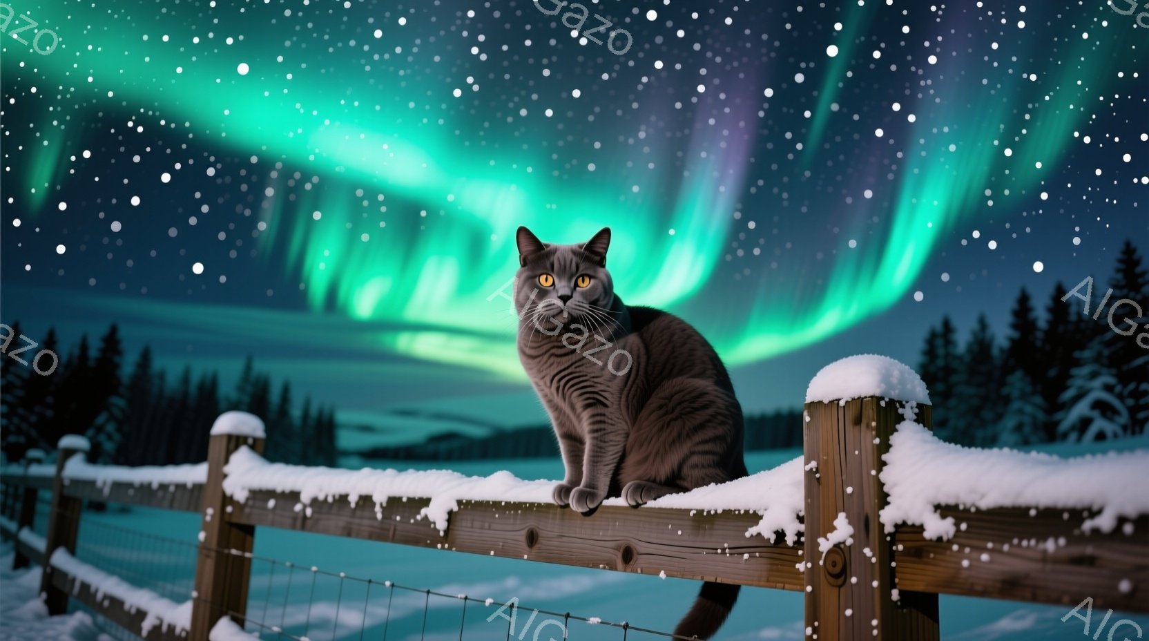 灰色の猫が雪をかぶった木の柵の上に座り、穏やかな表情で正面を見つめている。背景には、暗い針葉樹林と雪景色が広がり、オーロラが夜空を鮮やかに彩っている。全体的に静かで幻想的な冬の雰囲気を感じさせる。 - AI生成フリー素材