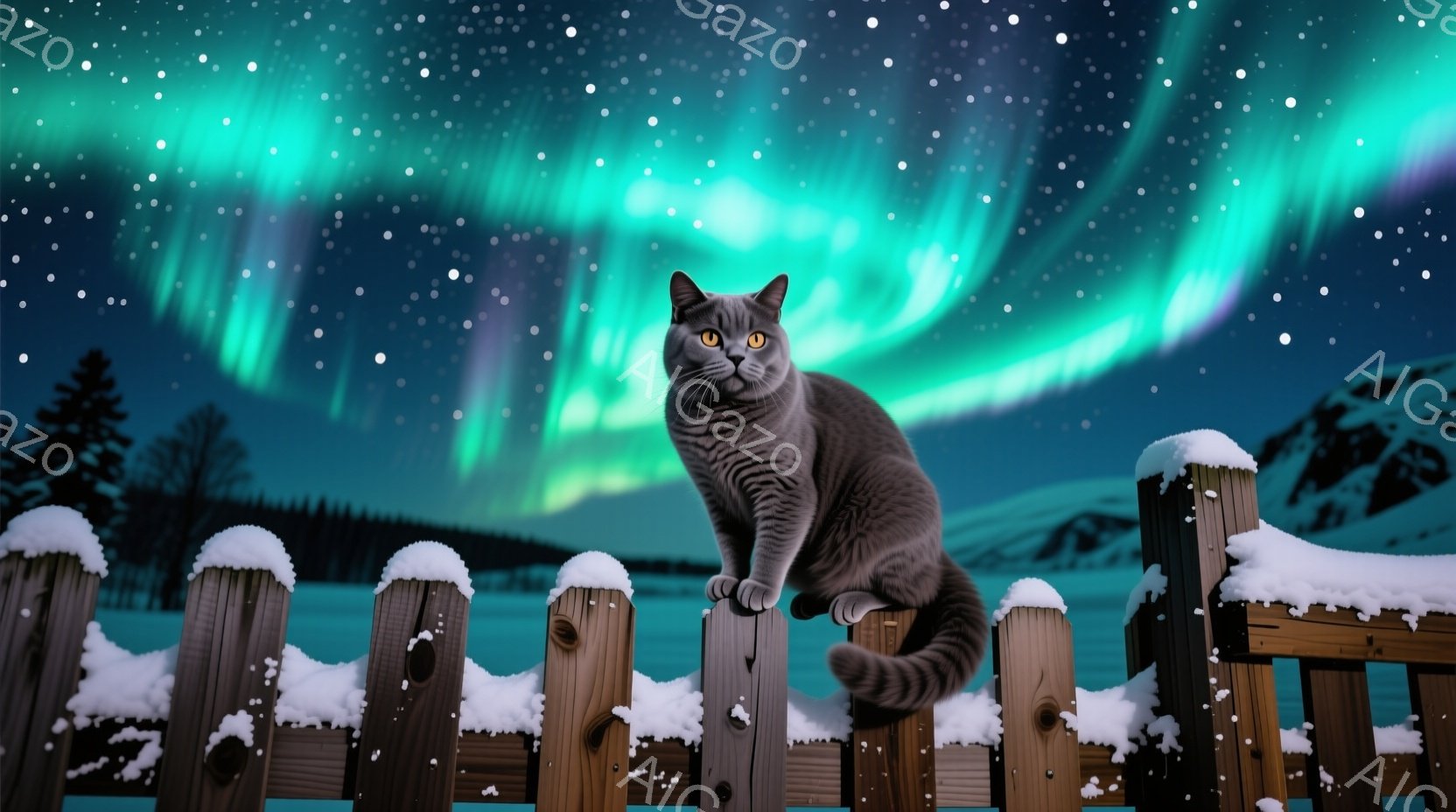 灰色がかった毛並みの猫が、雪の積もった木製の柵の上に座ってこちらを見つめています。背景には、緑色のオーロラが夜空を彩り、遠くには雪に覆われた山々と木々が見えます。全体的に、静かで神秘的な冬の夜の雰囲気 - AI生成フリー素材