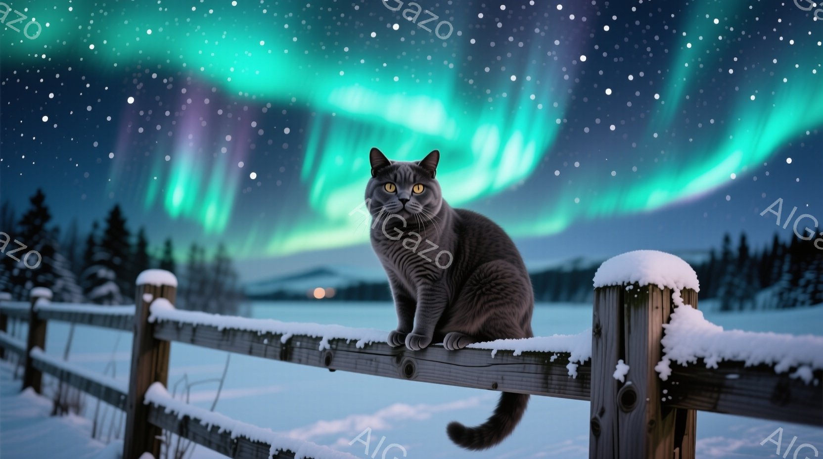 雪に覆われた木製の柵の上で、灰色の毛並みの猫が正面を向いて座っている。背景には暗い森林地帯と、オーロラが輝く夜空が広がり、幻想的な雰囲気を醸し出している。雪景色とオーロラのコントラストが、静寂で神秘的 - AI生成フリー素材