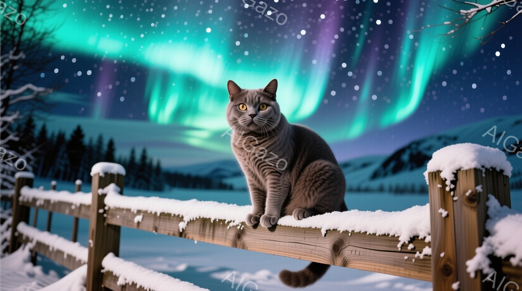 灰色の縞模様の猫が雪に覆われた木の柵の上に座り、正面を見ています。背景には、暗い夜空にオーロラが輝き、遠くには雪に覆われた森林と山々が広がっています。全体的に、静かで幻想的な冬の風景が描かれています。