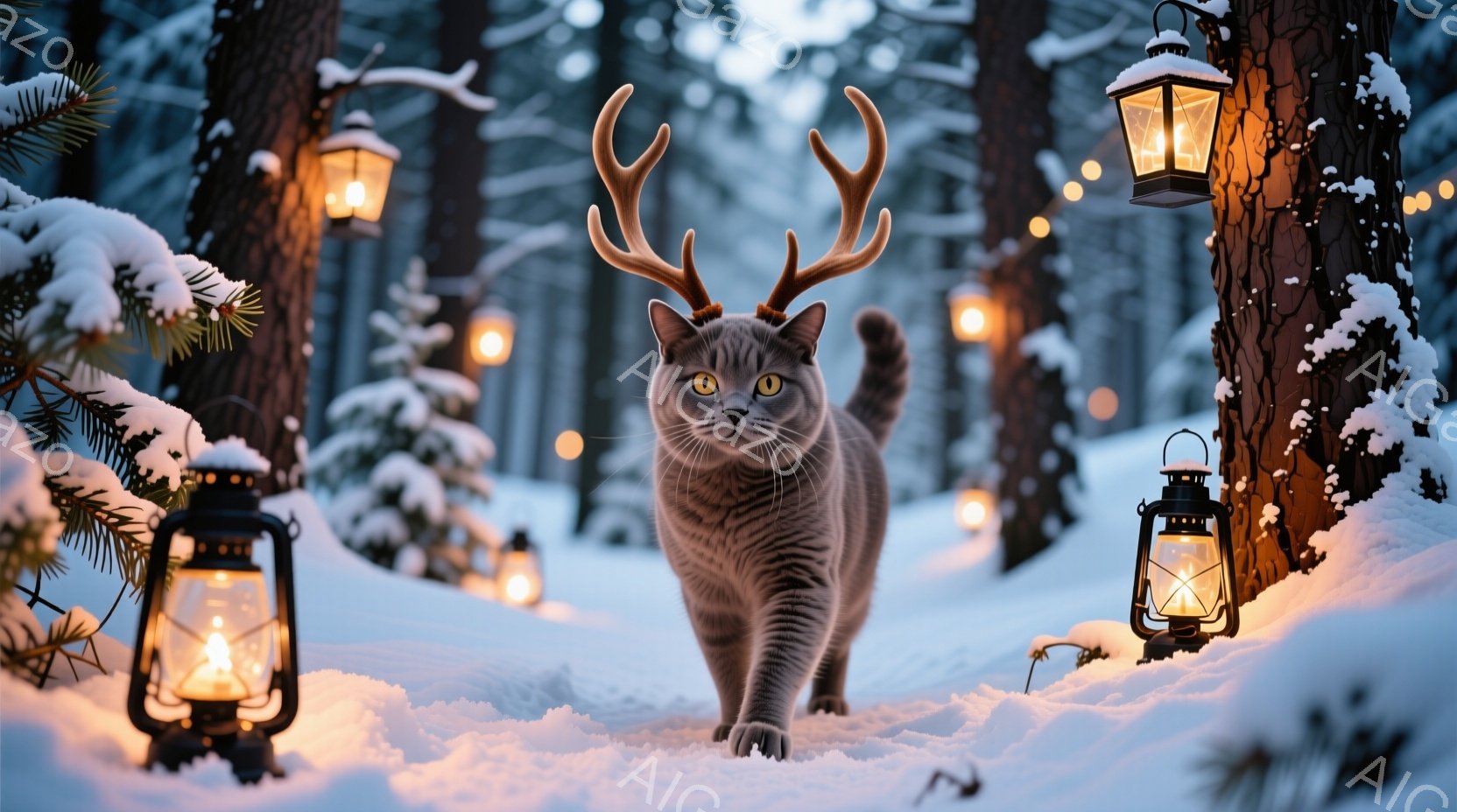 雪に覆われた森の中を、角を持つ灰色の猫がこちらに向かって歩いてくる姿が描かれている。周りには、温かい光を放つランタンがいくつか配置されており、幻想的な雰囲気を醸し出している。雪景色と猫の神秘的な姿が相まって、冬の静寂と温かさを感じさせる。