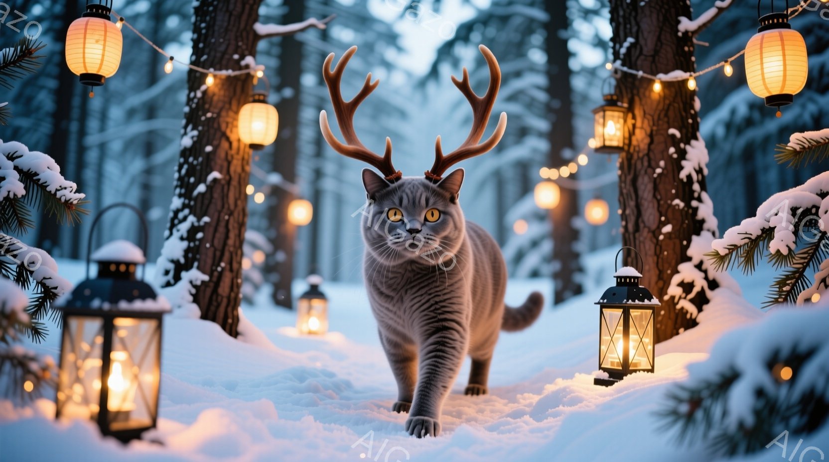 灰色の猫が雪景色の中を歩いている。頭には角が生えており、まるでトナカイのような姿をしている。背景には雪に覆われた木々と、暖かく光るランタンが並び、幻想的な冬の雰囲気を醸し出している。 - AI生成フリー素材