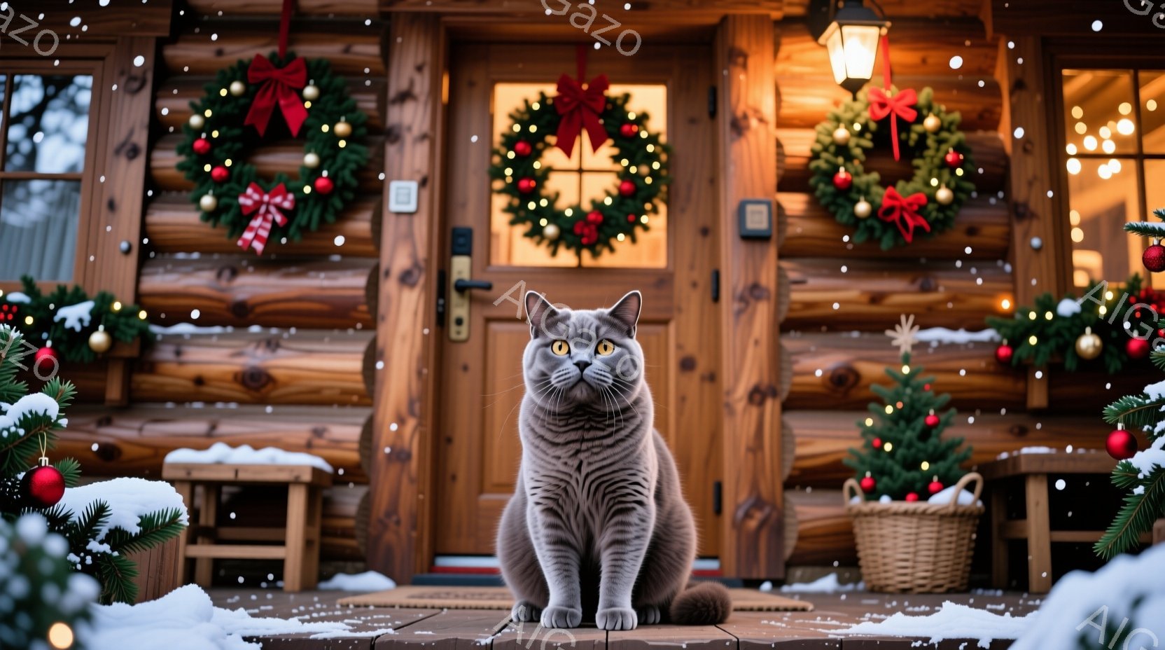 灰色の猫が、クリスマス装飾が施された木の家の前に座っています。背景には、クリスマスリース、小さなクリスマスツリー、そして雪が降る冬の風景が広がっています。暖色の照明と装飾が、温かく、お祝いムードを醸し - AI生成フリー素材