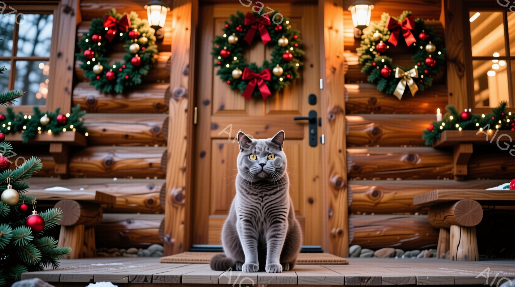 灰色の縞模様の猫が木製の階段に座って正面を見つめています。背景にはクリスマスのリースが飾られたログハウスがあり、暖かく穏やかな雰囲気が漂っています。階段の周りには雪が積もり、遠くには緑色の木々が見えま - AI生成フリー素材