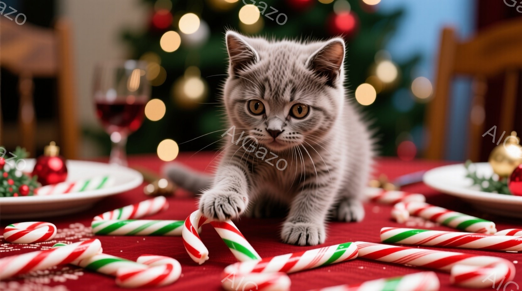 茶色の縞模様の小さな子猫が赤いテーブルクロスの上に座り、遊び心のある表情で手を伸ばしています。テーブルの上にはキャンディケーンが散らばっており、背景にはぼやけたクリスマスツリーと装飾が見えます。全体的 - AI生成フリー素材