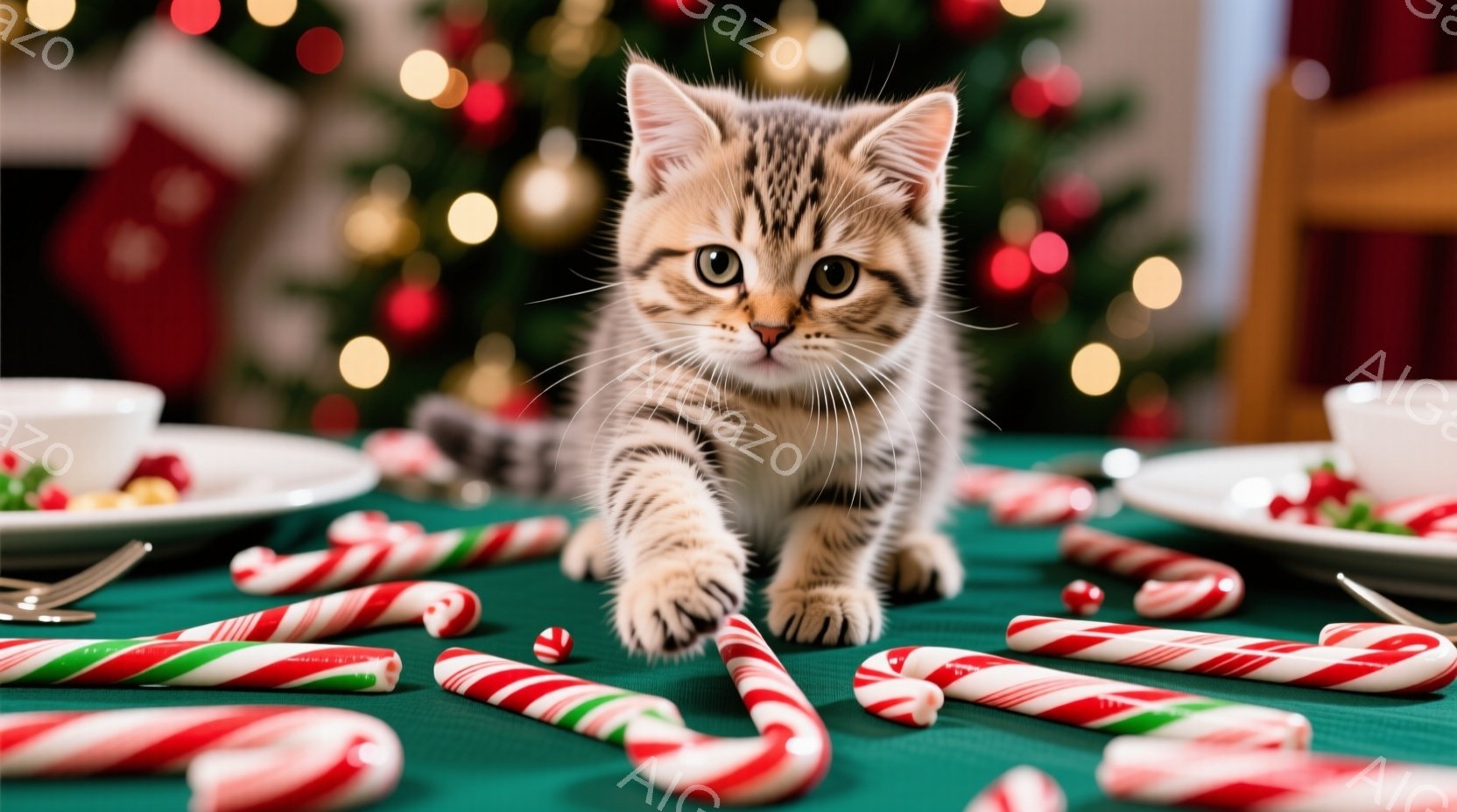 茶色と白の縞模様の小さな子猫が、緑色のテーブルクロスの上に散らばったキャンディケーンの周りを歩いています。背景には、ぼやけたクリスマスツリーの飾りと、暖かく穏やかな雰囲気の室内空間が見えます。子猫は前足を伸ばし、好奇心と遊び心に満ちた表情で、まるでクリスマスのお祝いを楽しんでいるかのようです。