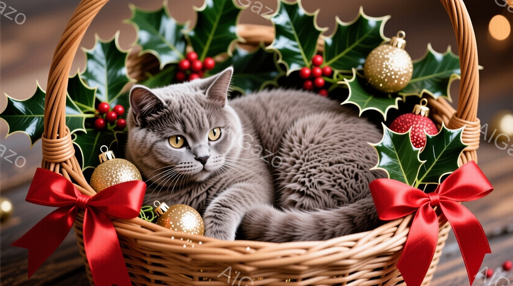 灰色の猫が、赤いリボンとホーリーで飾られたバスケットの中に横たわっています。猫はリラックスした表情で、金色のオーナメントが周りに散りばめられています。背景は木製のテーブルで、暖かく、クリスマスの雰囲気 - AI生成フリー素材