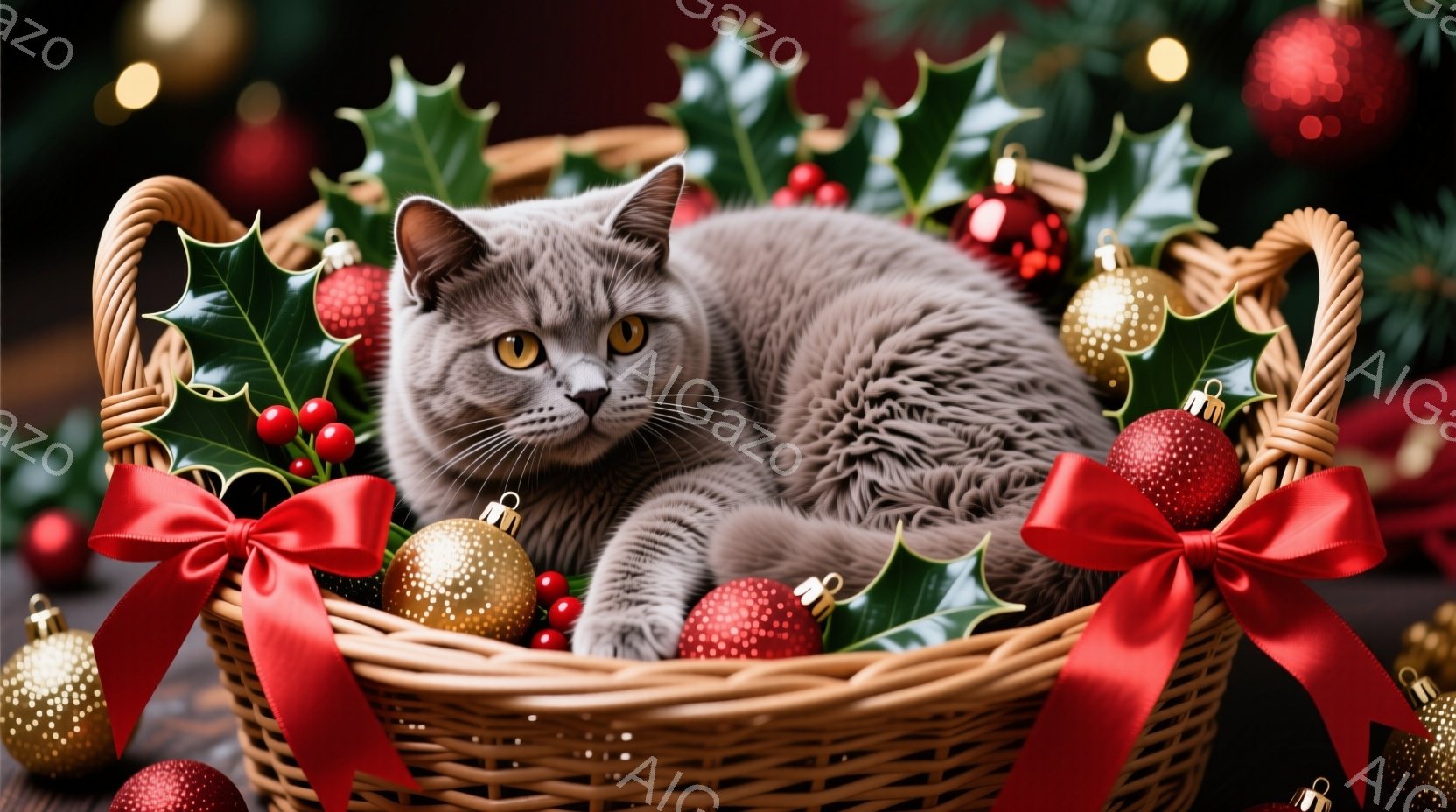 籐編みのバスケットに、灰色の毛並みの猫が丸まって横たわっています。バスケットには赤いリボンと、赤い実の付いた緑の葉、金色のオーナメントが飾られています。背景はぼやけていますが、クリスマスツリーの光が暖 - AI生成フリー素材