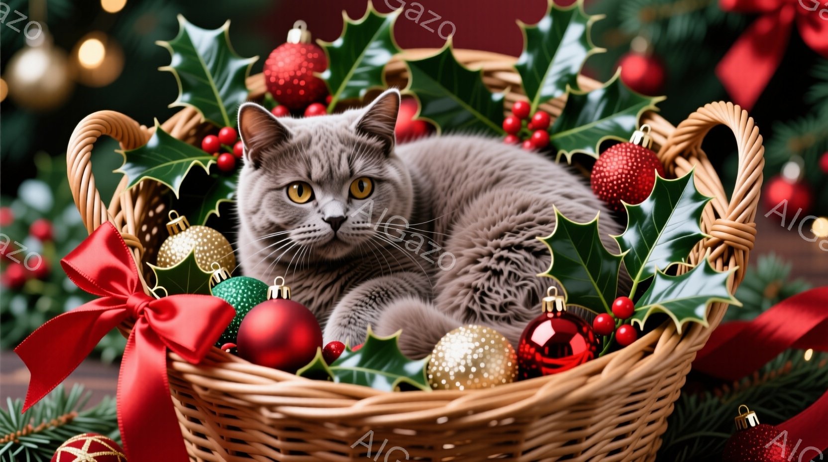 籠の中に灰色の猫が横たわっており、クリスマスの飾り付けで囲まれています。猫はリラックスした表情で、緑の葉や赤いオーナメント、金色のリボンに囲まれており、背景にはぼやけたクリスマスツリーの光が灯っていま - AI生成フリー素材