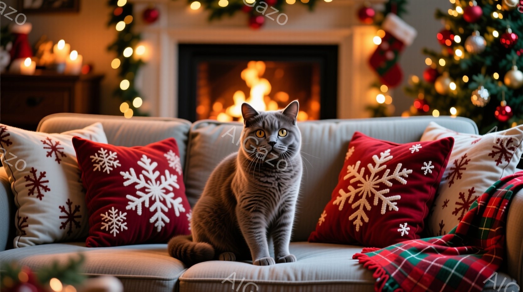 灰色の猫が、クリスマスの飾り付けがされた部屋のソファに座っています。赤い雪の結晶模様のクッションに囲まれ、正面を見つめており、落ち着いた表情をしています。背景には暖炉の火が燃え、クリスマスツリーが飾ら - AI生成フリー素材