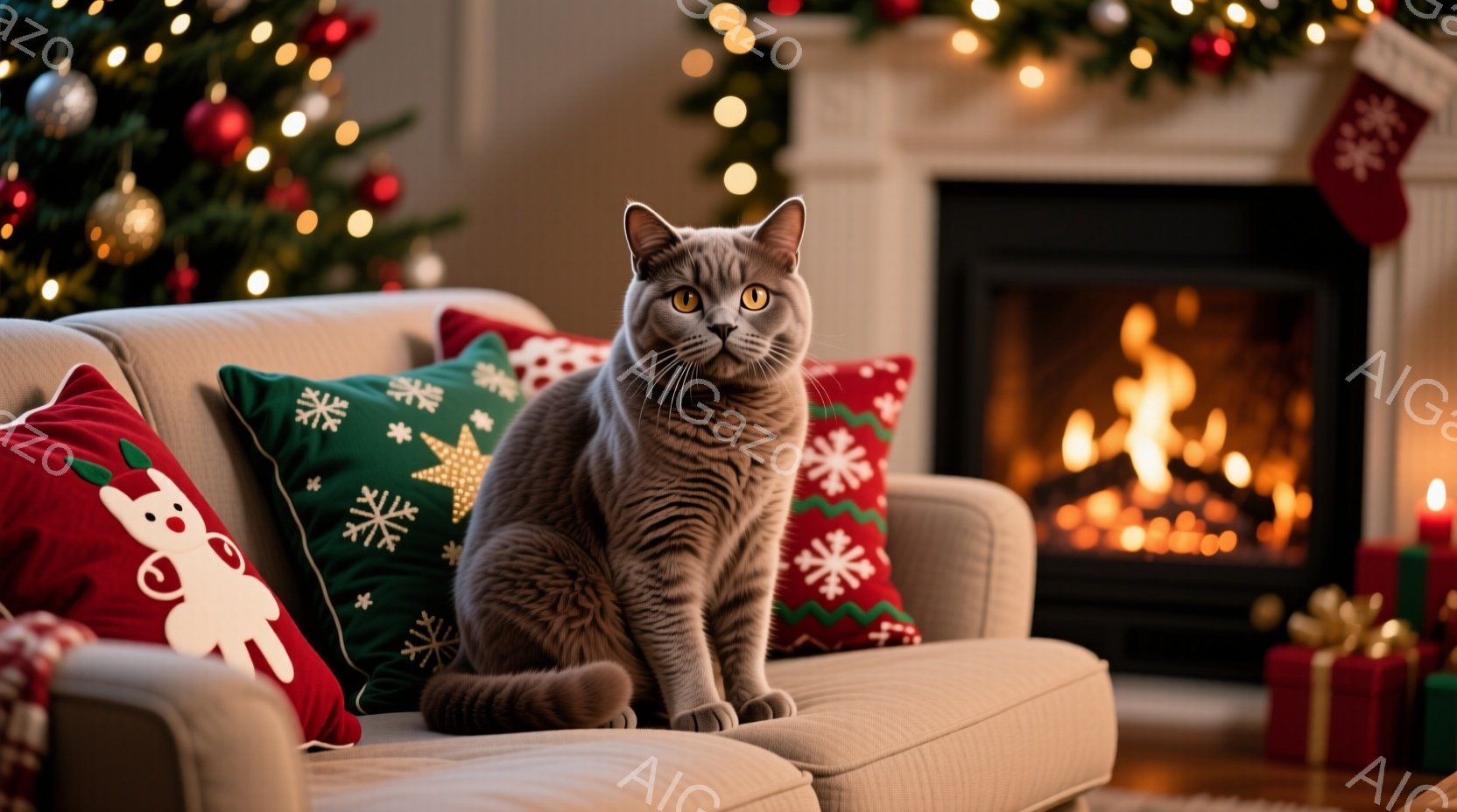 灰色の毛並みの猫が、クリスマスの装飾が施されたリビングルームのソファに座って正面を見ています。背景には点灯したクリスマスツリーと暖炉があり、部屋全体が温かく、お祝いの雰囲気に包まれています。猫はリラッ - AI生成フリー素材