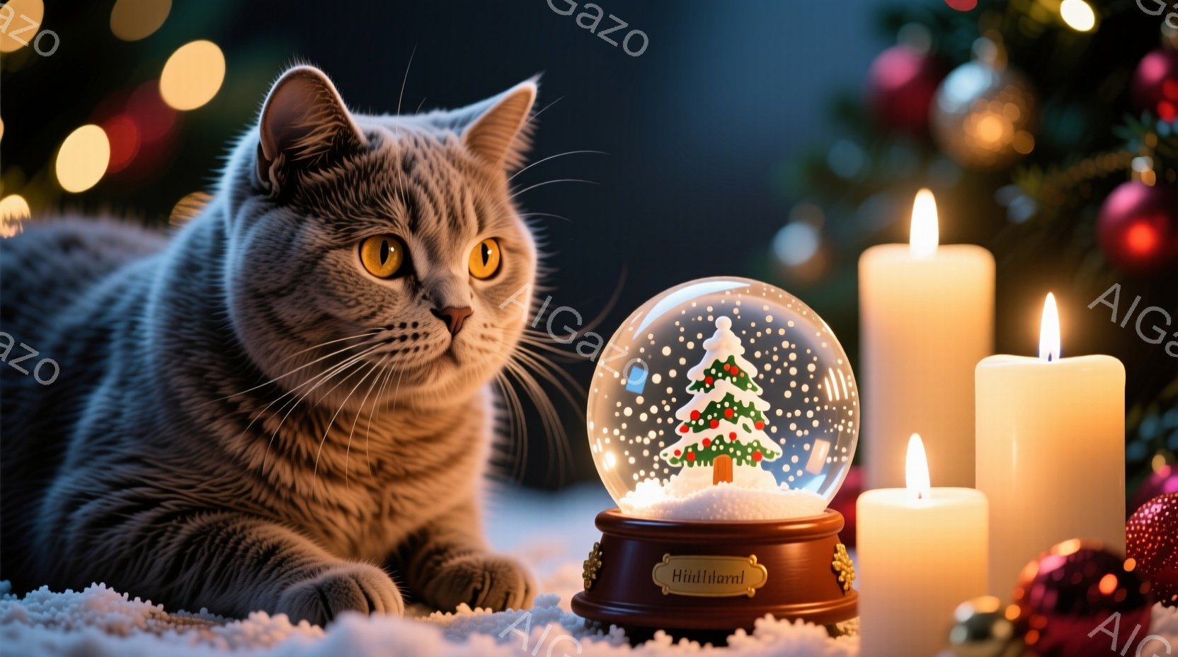 灰色の毛並みの猫が、雪で覆われた台の上に置かれたスノーグローブを見つめている。背景にはぼやけたクリスマスツリーの光と、点灯したキャンドルが暖かく優しい雰囲気を作り出している。全体的に、猫の好奇心とクリ - AI生成フリー素材