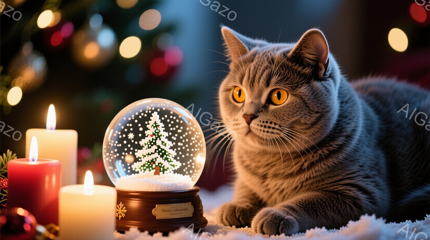 灰色の毛並みの猫が、雪の結晶が舞うクリスマスのミニチュアツリーが入ったスノーグローブをじっと見つめている。背景には、ぼんやりと輝くクリスマスツリーの光と、赤いキャンドルの炎が温かい雰囲気を醸し出している。猫はリラックスした姿勢で、まるでクリスマスの魔法にかかったかのような穏やかな表情を浮かべている。