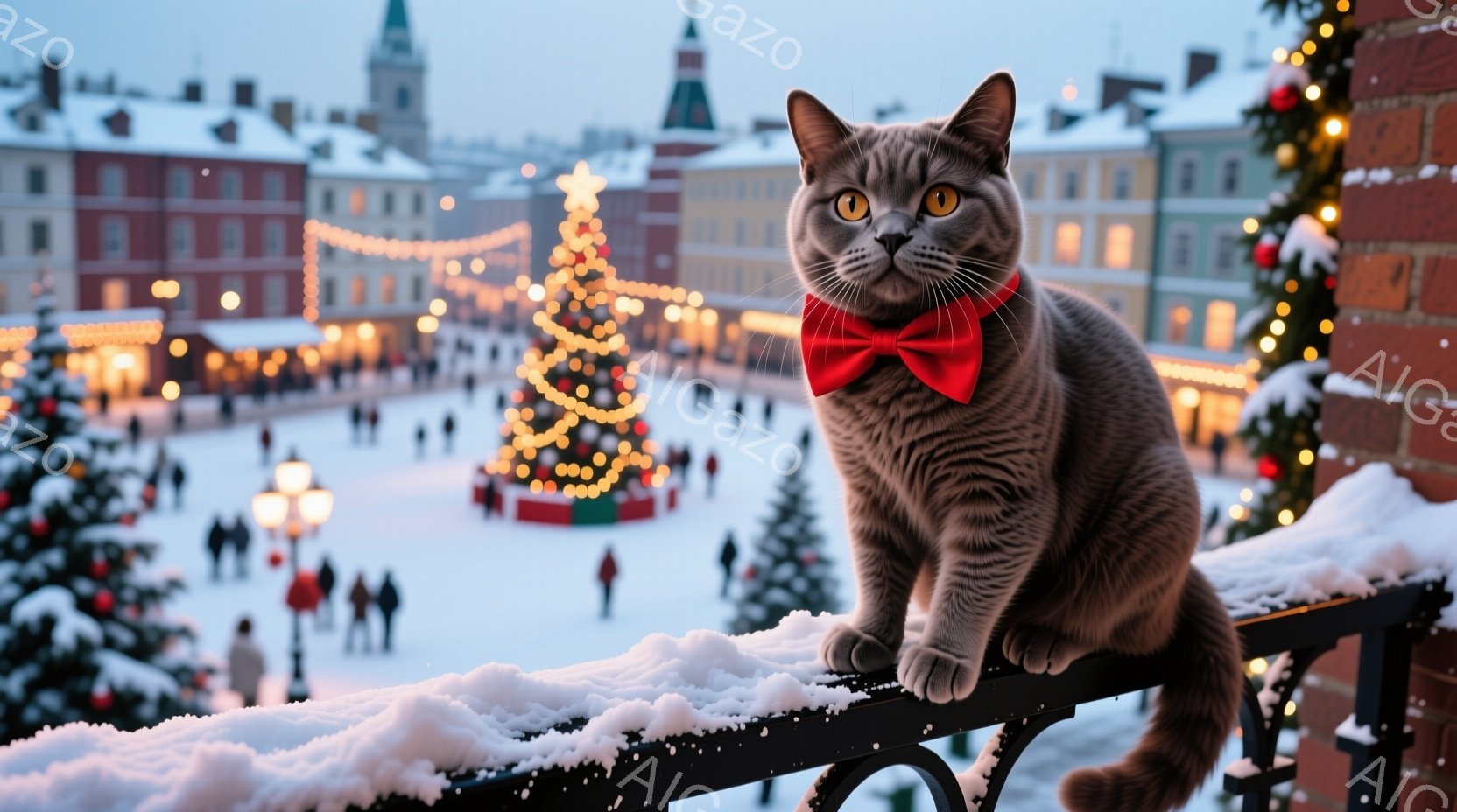 灰色の猫が、赤いリボンをつけて手すりに座っています。背景には、雪に覆われた広場と、クリスマスツリー、そして建物が見え、冬の夜の穏やかな雰囲気が漂っています。遠くには人々が見え、クリスマスの装飾が広場を - AI生成フリー素材