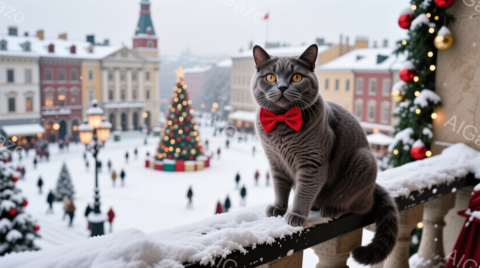 灰色の猫が赤い蝶ネクタイをつけ、雪で覆われたバルコニーの縁に座ってこちらを見ている。背景には、クリスマスツリーや人々がおり、雪が降る冬の街並みが広がる。全体的に、暖かく、お祝いの雰囲気で、猫の表情はど - AI生成フリー素材