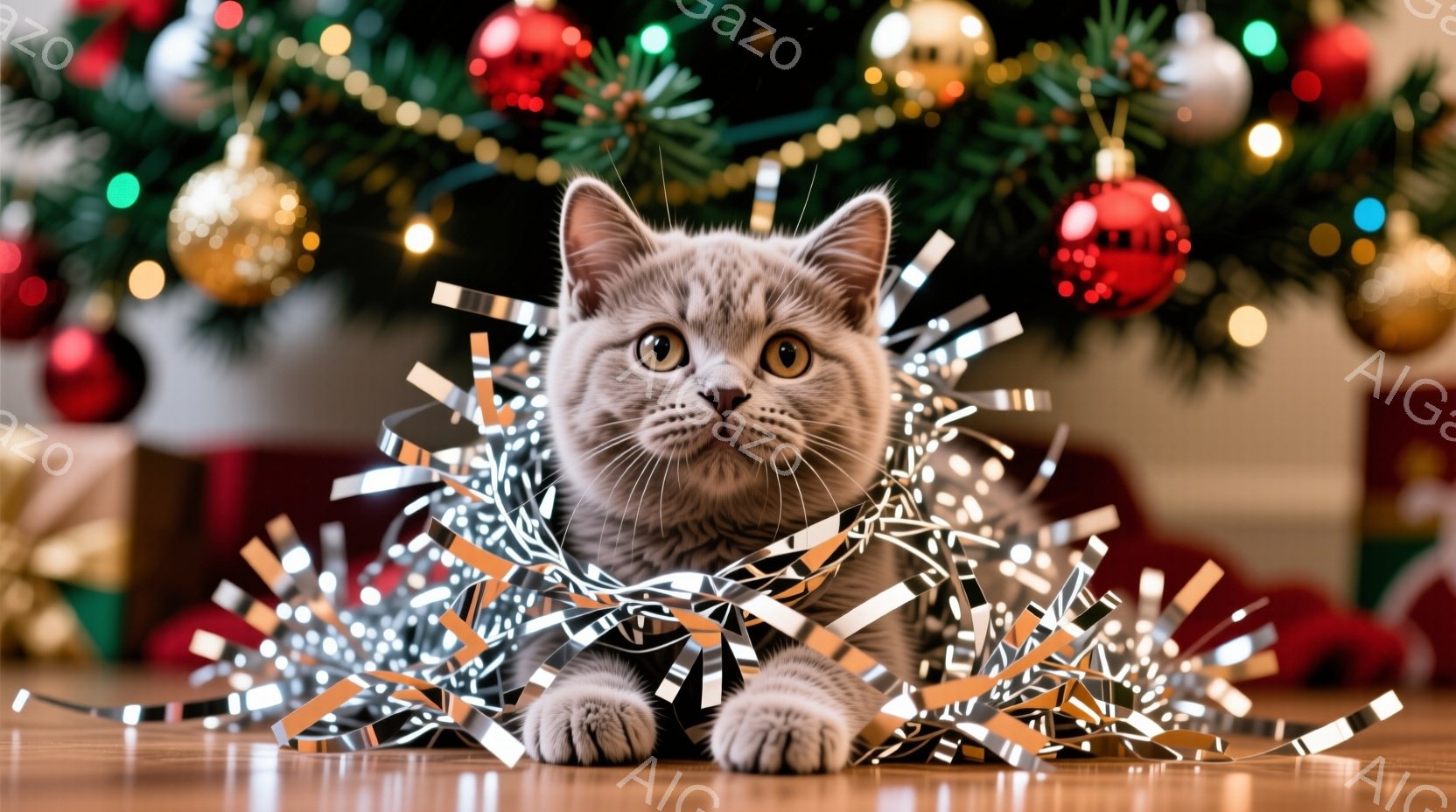 白とグレーの毛並みの小さな子猫が、きらめく銀色のリボン状の飾りの中にいます。子猫は前足を伸ばしてリボンに触れ、少しいたずらっぽい表情でカメラを見つめています。背景には、赤いオーナメントが飾られたクリス - AI生成フリー素材