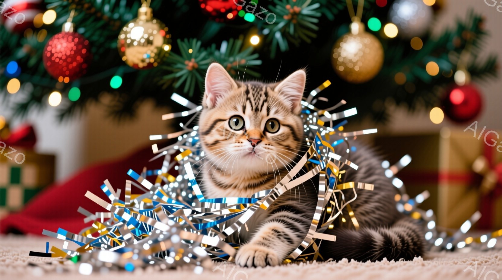 縞模様の小さな子猫が、キラキラと輝く銀色のリボンに囲まれて床に横たわっています。大きな緑色の瞳でカメラを見つめ、少し好奇心と遊び心のある表情をしています。背景には、赤、金、緑のオーナメントで飾られたク - AI生成フリー素材
