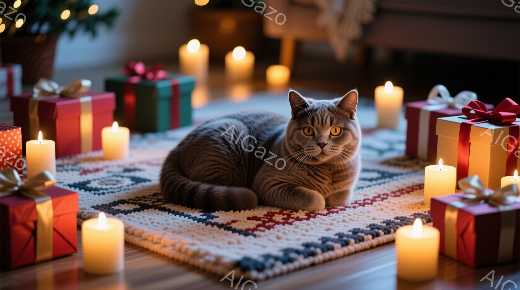 灰色の毛並みの猫が、織られた模様のラグの上に丸まって座っています。周囲には、リボンで飾られたプレゼントボックスと、暖かく灯るキャンドルが配置され、クリスマスの温かい雰囲気を醸し出しています。背景はぼや - AI生成フリー素材