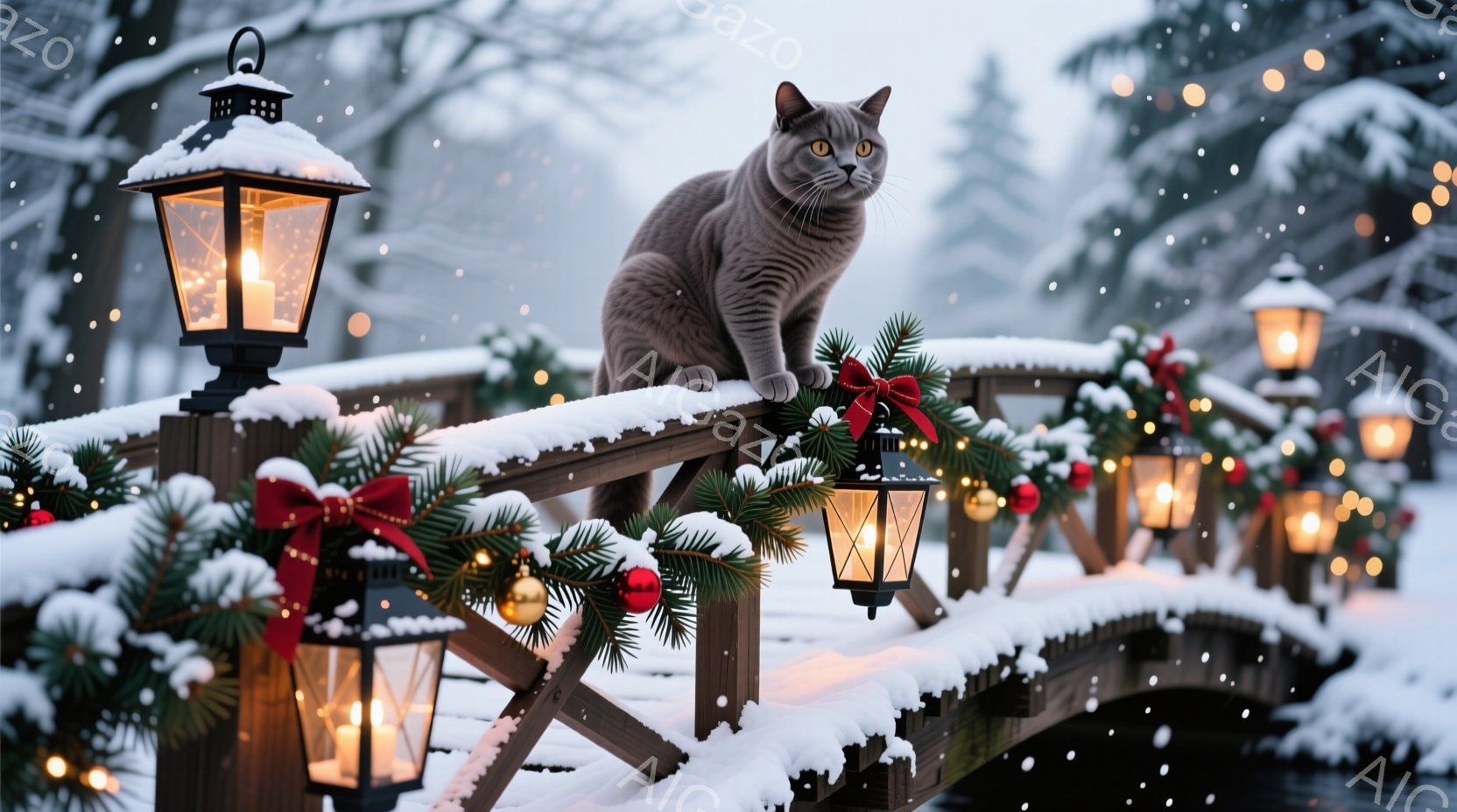 雪が舞う中で、茶色の毛並みの猫が装飾された橋の欄干に座ってこちらを見ている。橋にはクリスマスツリーの枝や赤いオーナメント、点灯されたランタンが飾られ、冬の暖かい雰囲気を醸し出している。背景にはぼやけた - AI生成フリー素材