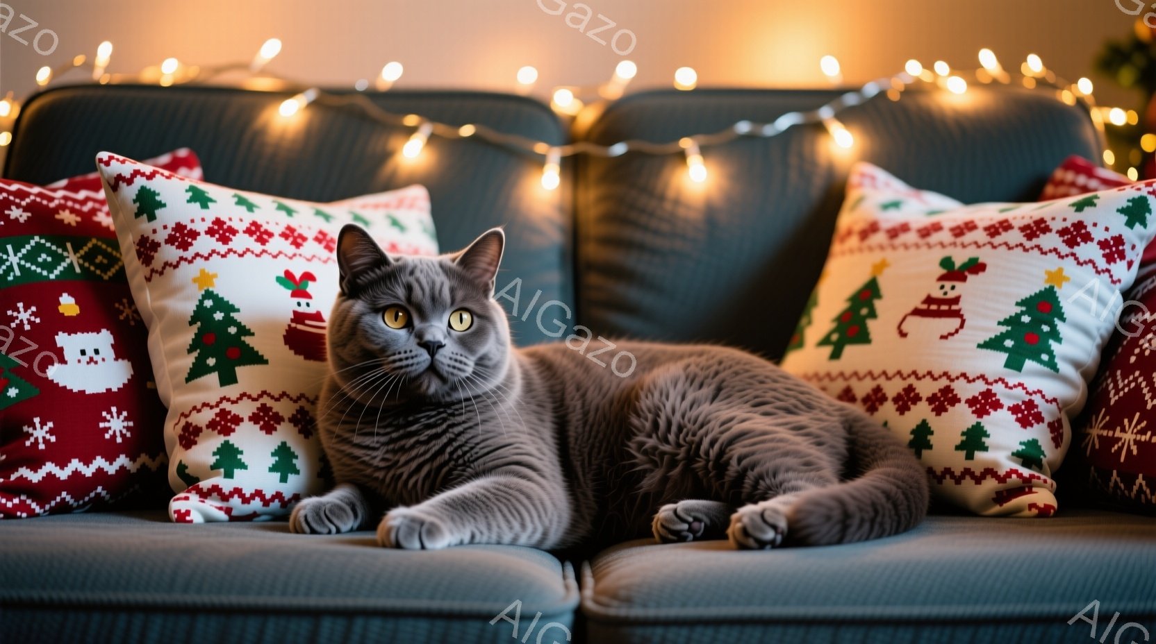 灰色の猫が、クリスマス柄のクッションに囲まれたソファでリラックスして横たわっています。猫は落ち着いた表情で、少しだけカメラを見つめています。背景にはぼやけた光のストリングがあり、温かく居心地の良い雰囲 - AI生成フリー素材