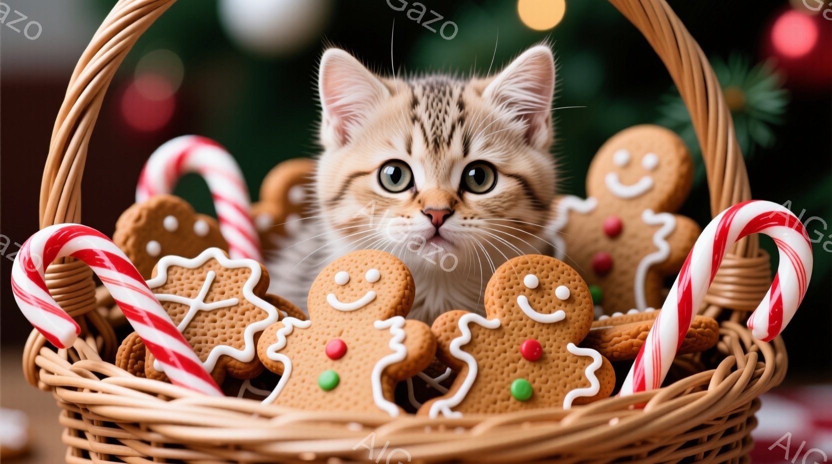 籠の中に子猫が隠れており、周りにはジンジャーブレッドマンとペパーミントキャンディが散りばめられています。子猫は明るい茶色と白の毛並みで、好奇心と少しの戸惑いが入り混じった表情をしています。背景はぼやけたクリスマスツリーの飾りで、暖かく、お祝いの雰囲気を醸し出しています。