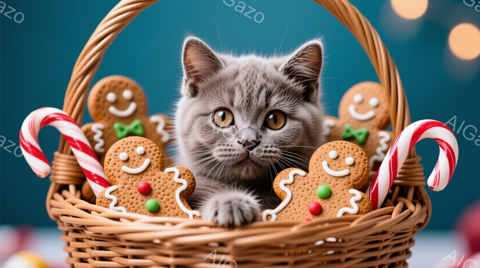 籠の中に灰色の毛並みの猫が座っており、クリスマスのジンジャーブレッドマンとペパーミントキャンディスティックに囲まれています。猫は前足を少し出して丸まって座り、好奇心といたずらっぽさを含んだ表情でカメラを見つめています。背景はぼやけており、暖かくお祝いムードのクリスマスシーズンを思わせる雰囲気が漂っています。