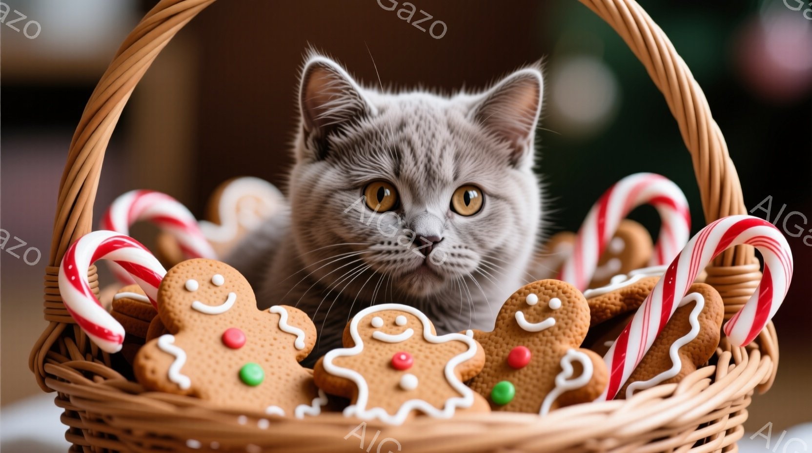 白地に縞模様の猫が、角のような飾りを頭に乗せて、玄関の階段に立っています。背景にはクリスマスツリーの枝や、装飾された家が見え、雪が降っていることから冬の季節であることがわかります。猫は前方をまっすぐ見つめ、凛とした雰囲気です。