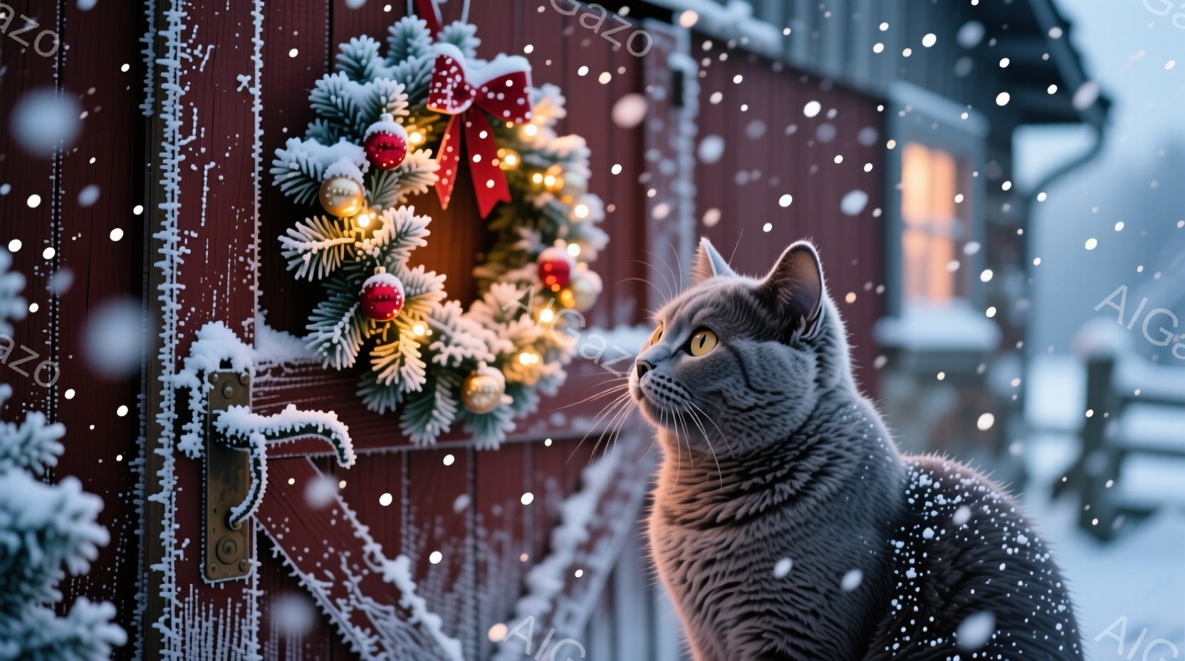 灰色の毛並みの猫が、赤い木製のドアに取り付けられたクリスマスリースを見上げている。雪が降り積もり、ドアや背景の建物、そして猫の毛並みに白い装飾が加わり、冬の静かで温かい雰囲気を醸し出している。背景には - AI生成フリー素材