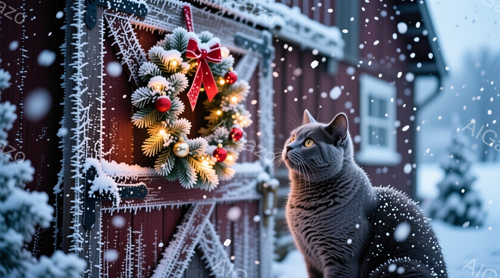 灰色の猫が、赤い木製の建物に飾られたクリスマスリースを上見つめている。雪が舞い降りる冬の風景で、背景にはぼやけた木々が見え、全体的に穏やかで温かいクリスマスの雰囲気が漂っている。猫は雪に濡れた毛並みで - AI生成フリー素材