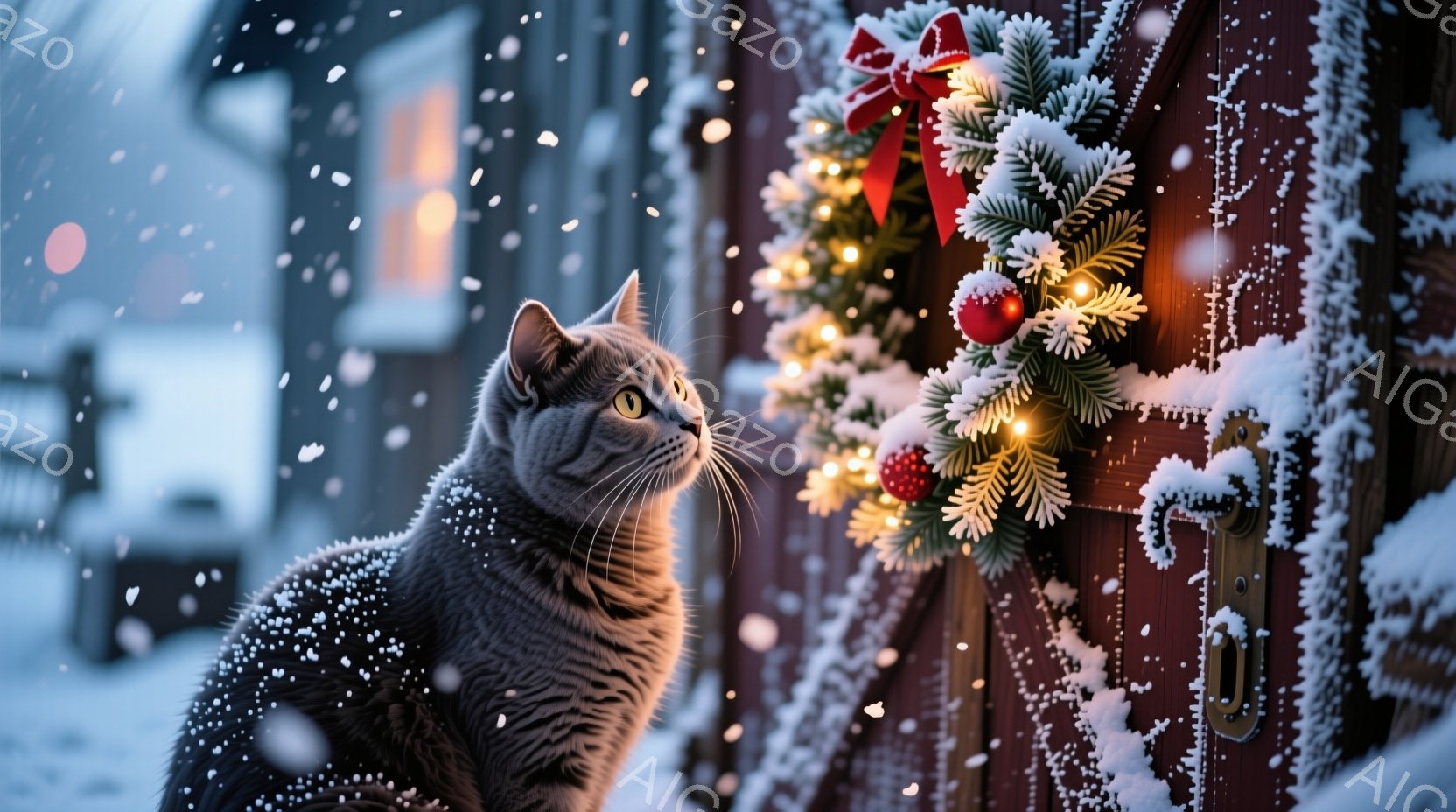 灰色の縞模様の猫が雪が降る家の赤いドアの前に座り、上を見ている。ドアにはクリスマスリースが飾られ、小さな電飾と赤い実が輝いている。背景にはぼやけた建物と、降り積もる雪が広がり、静かで冬の温かい雰囲気が - AI生成フリー素材