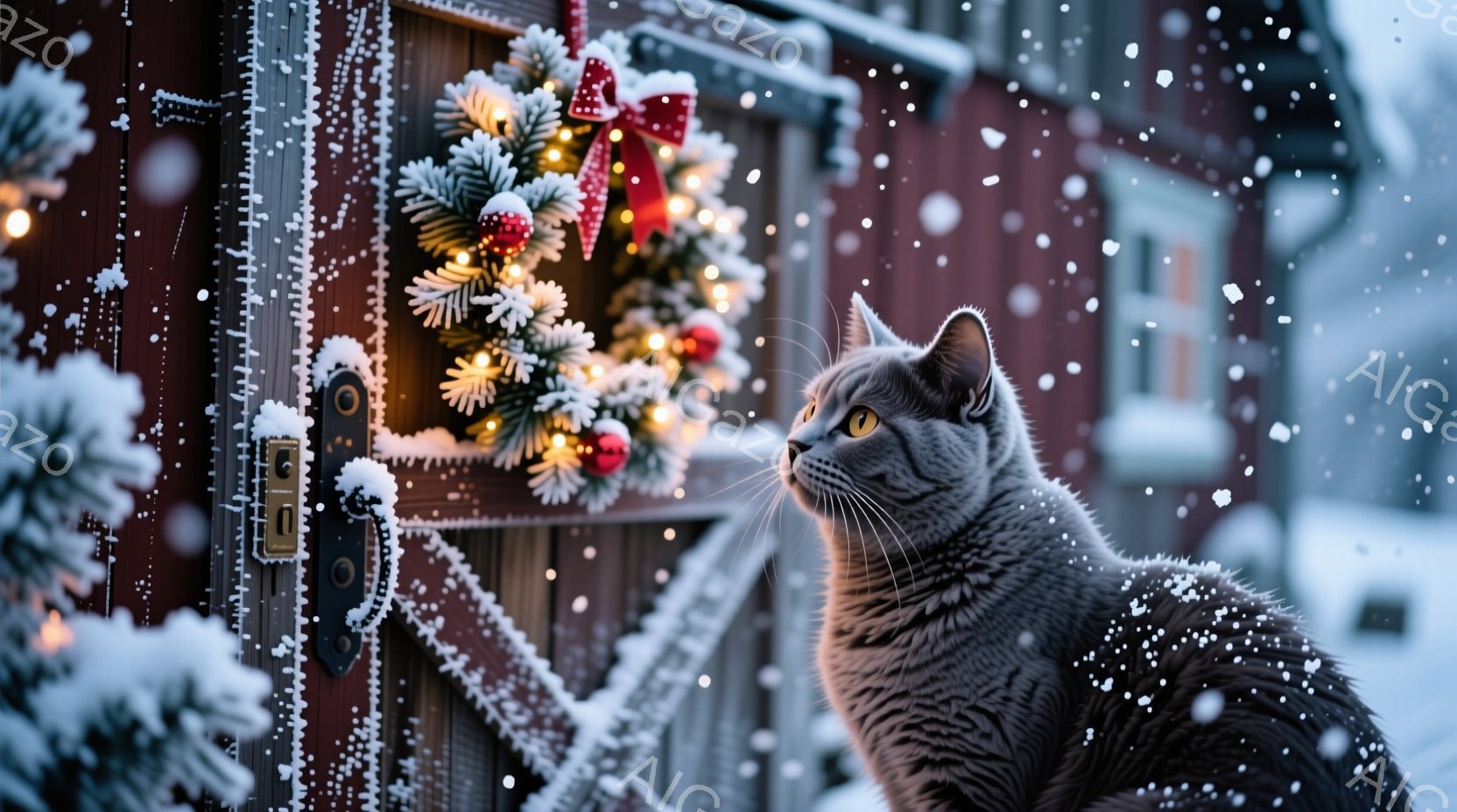 灰色の猫が雪の降る家の前に座り、何かを見上げています。背景にはクリスマスデコレーションで飾られた茶色のドアがあり、雪が降り積もっています。全体的に温かく、冬の静けさと猫の好奇心を表現した、落ち着いた雰 - AI生成フリー素材