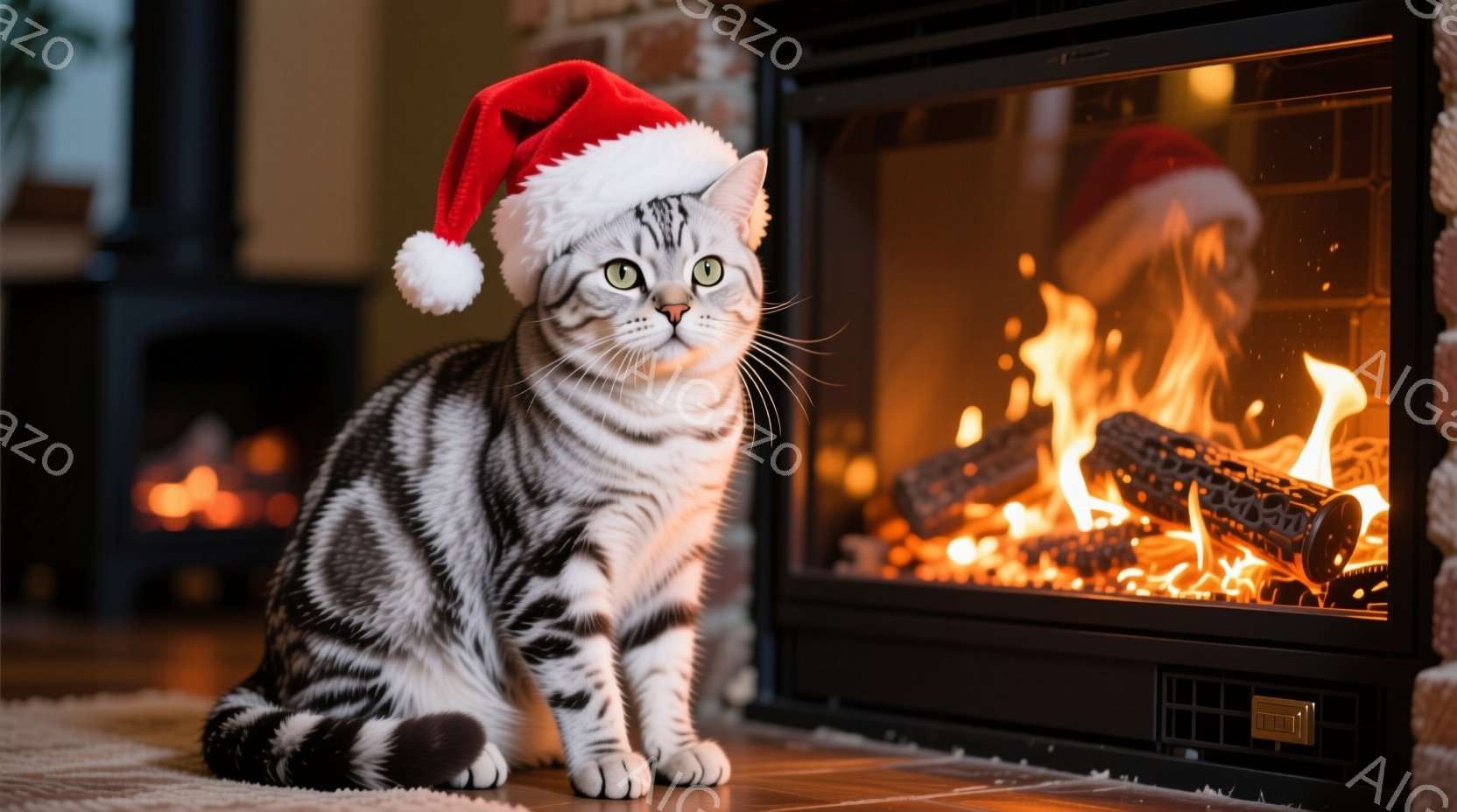 白と黒の縞模様の猫が、赤いサンタの帽子をかぶって座っています。猫は前をまっすぐ見つめており、少し好奇心旺盛な表情をしています。背景には暖炉があり、炎が燃えており、温かく心地よい雰囲気が漂っています。 - AI生成フリー素材