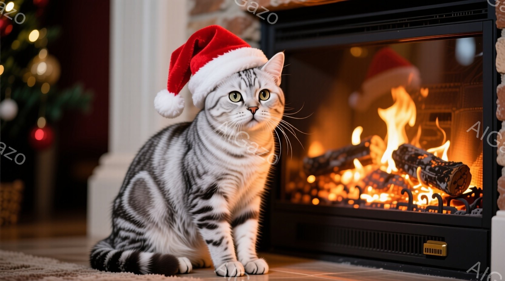 白と黒の縞模様の猫が赤いサンタ帽をかぶり、正面を見つめて座っています。背景には暖炉があり、炎が燃え盛っており、クリスマスの装飾がぼんやりと見えます。全体的に温かく、お祝いムードが漂う、居心地の良い雰囲 - AI生成フリー素材
