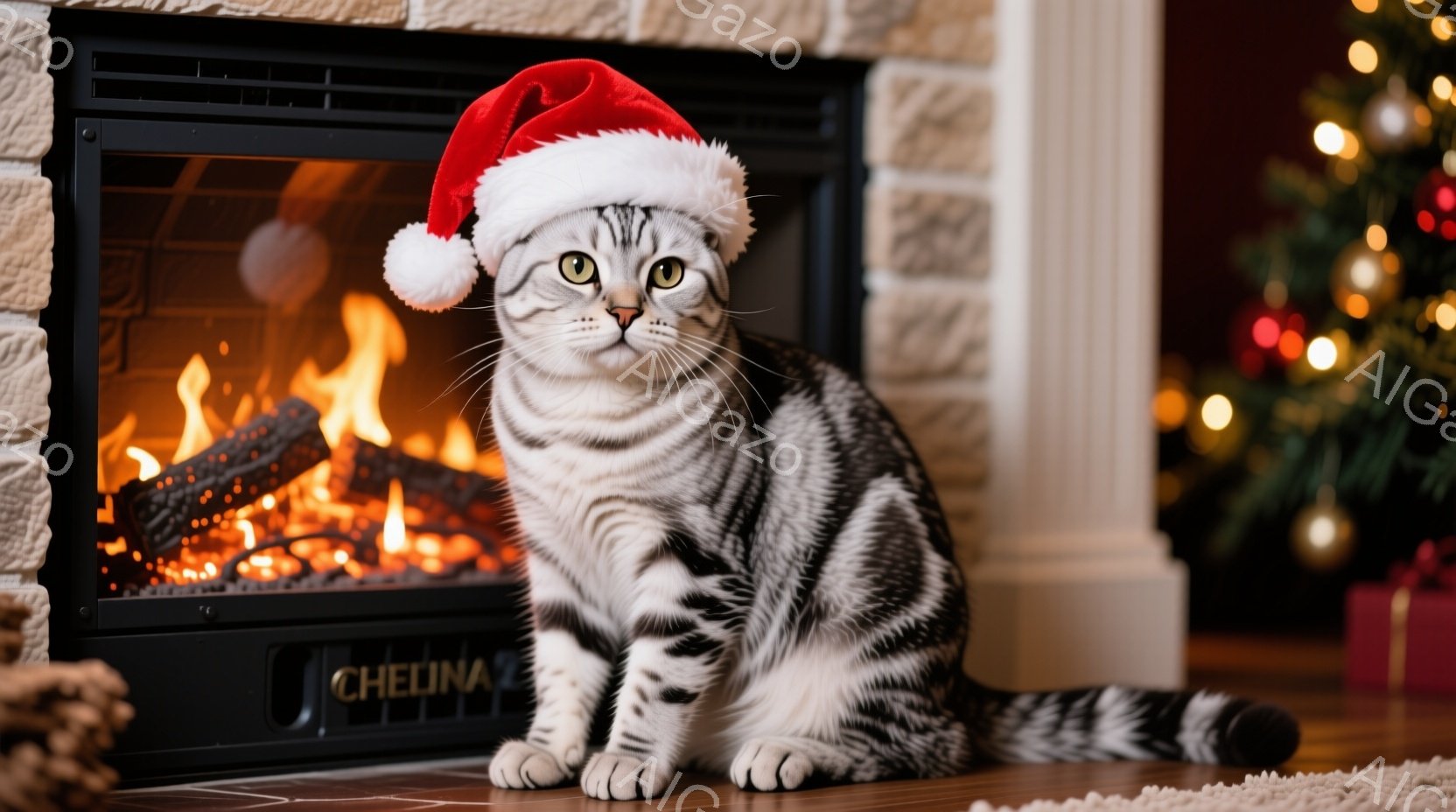 白と黒の縞模様の猫が、赤いサンタの帽子をかぶり、暖炉の前で座っています。猫は正面を見ており、少し驚いたような表情をしています。背景には、ぼやけたクリスマスツリーと、燃え盛る暖炉の炎が見え、暖かく居心地 - AI生成フリー素材