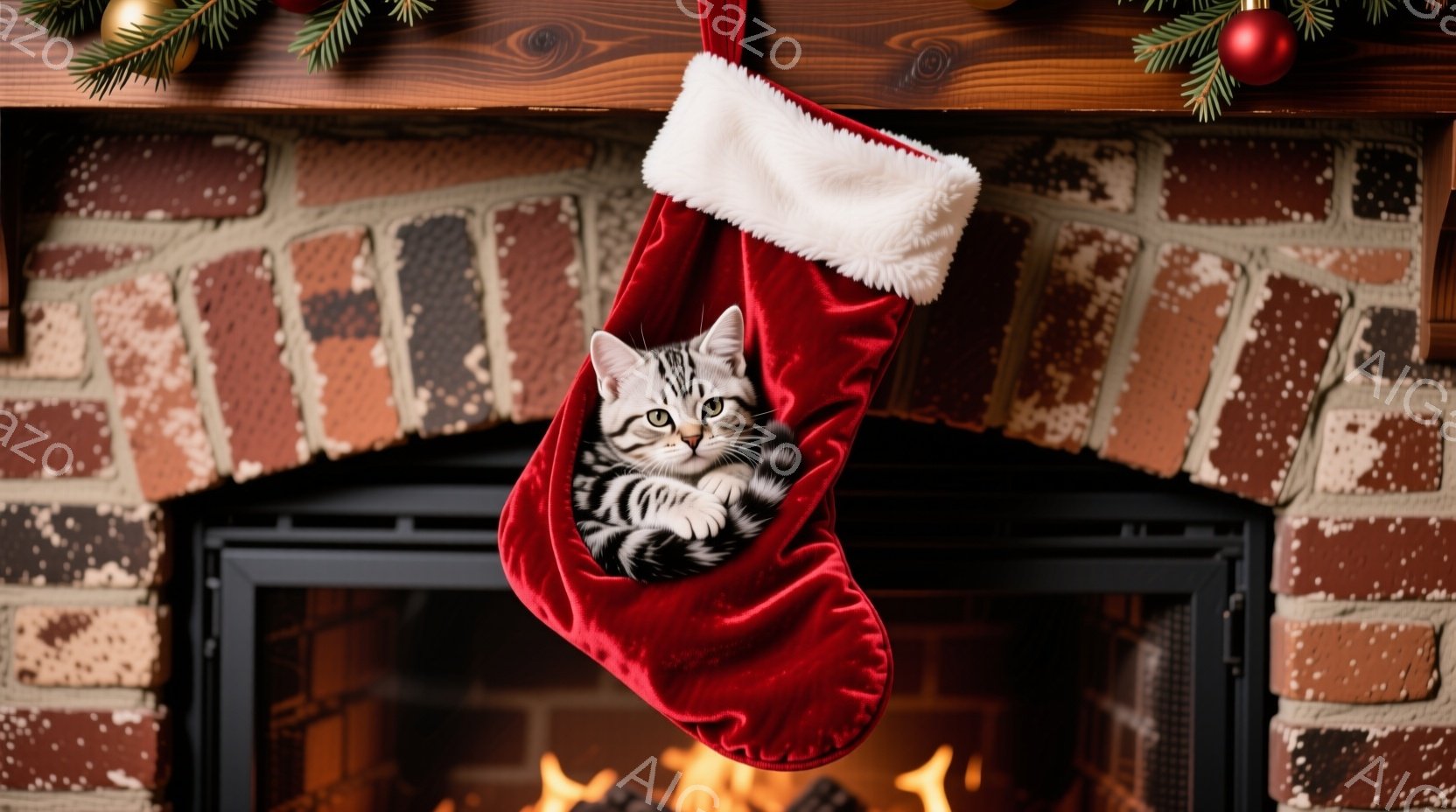 赤いクリスマスストッキングの中に、縞模様の小さな子猫が丸まって入っている。子猫は緑色の目をしており、少し警戒した表情でこちらを見ている。背景はレンガ造りの暖炉で、暖炉の中には火が燃えており、温かく居心地の良いクリスマスの雰囲気を醸し出している。