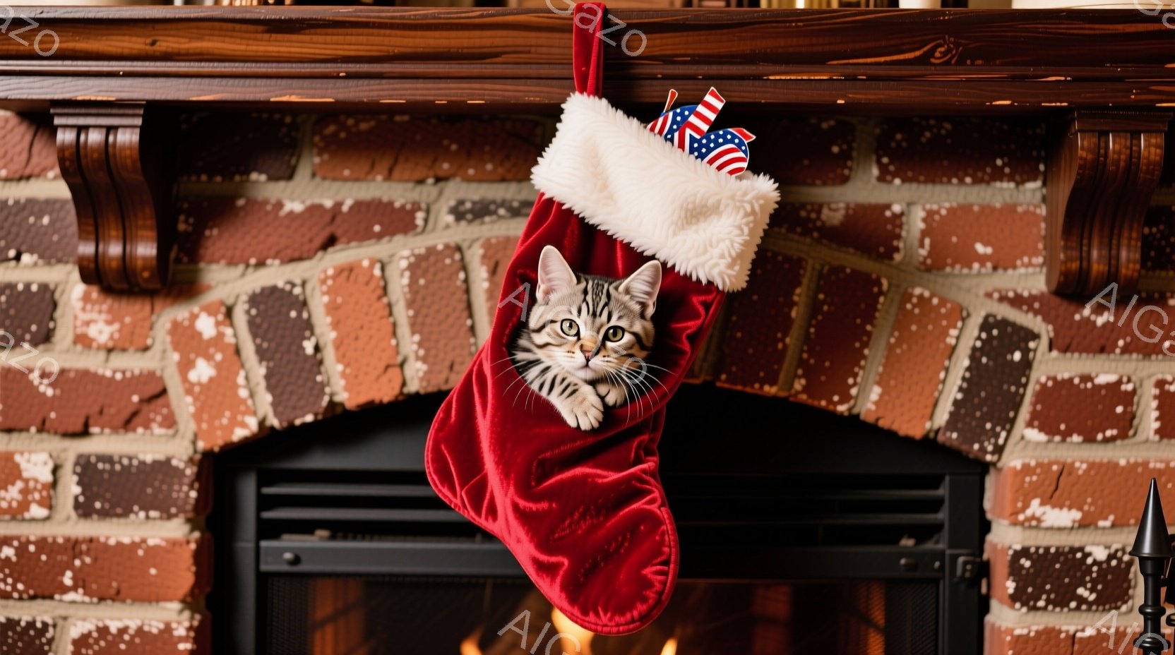 赤いクリスマスストッキングの中に、縞模様の子猫が頭を出しています。子猫は丸い目でカメラを見つめており、リラックスした様子が伺えます。背景にはレンガ造りの暖炉があり、暖かく居心地の良い雰囲気を醸し出して - AI生成フリー素材