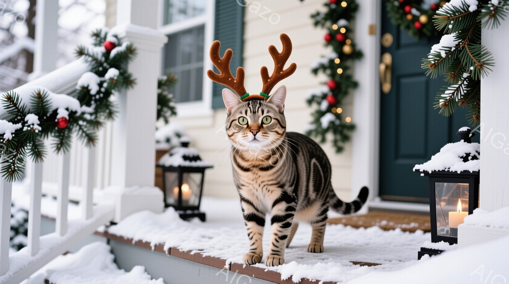 白地に黒い縞模様の猫が、クリスマスの角の飾りを付けて玄関の階段に立っている。背景には雪が積もり、クリスマスの飾り付けが施された家があり、冬の暖かくお祝いの雰囲気が漂っている。猫はまっすぐ前を見ており、 - AI生成フリー素材