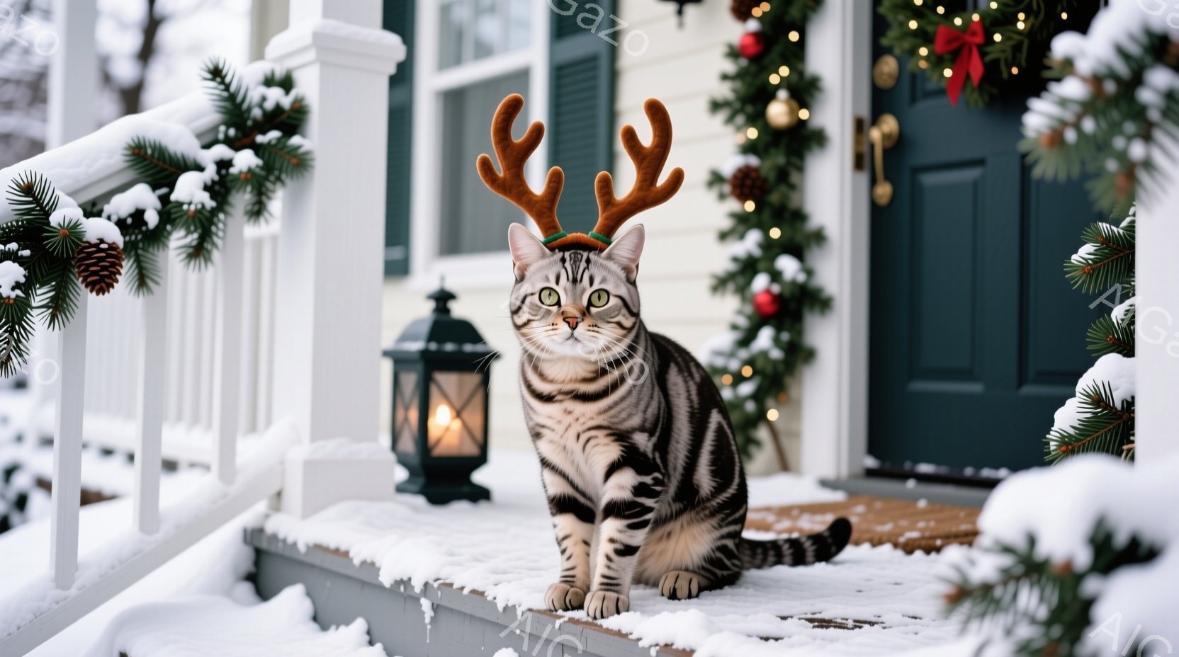 白地に縞模様の猫が、クリスマスのトナカイの角を付けて玄関の階段に座っています。背景には、クリスマスリースとイルミネーションで飾られた青いドアが見え、雪が降り積もる冬の風景が広がっています。猫は正面を見 - AI生成フリー素材