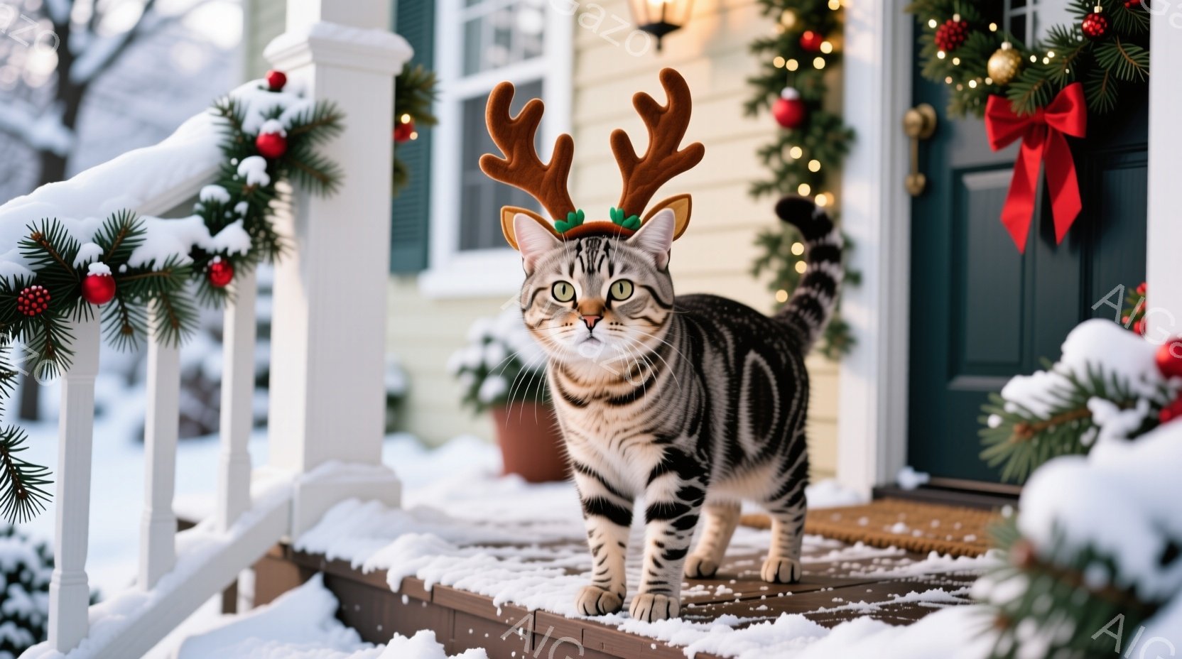 白い雪景色の中に、縞模様の猫が立っています。頭には小さなトナカイの角をつけており、前方をまっすぐ見つめています。背景にはクリスマスツリーのような飾り付けがされた玄関があり、雪が積もった階段の上に猫が立 - AI生成フリー素材
